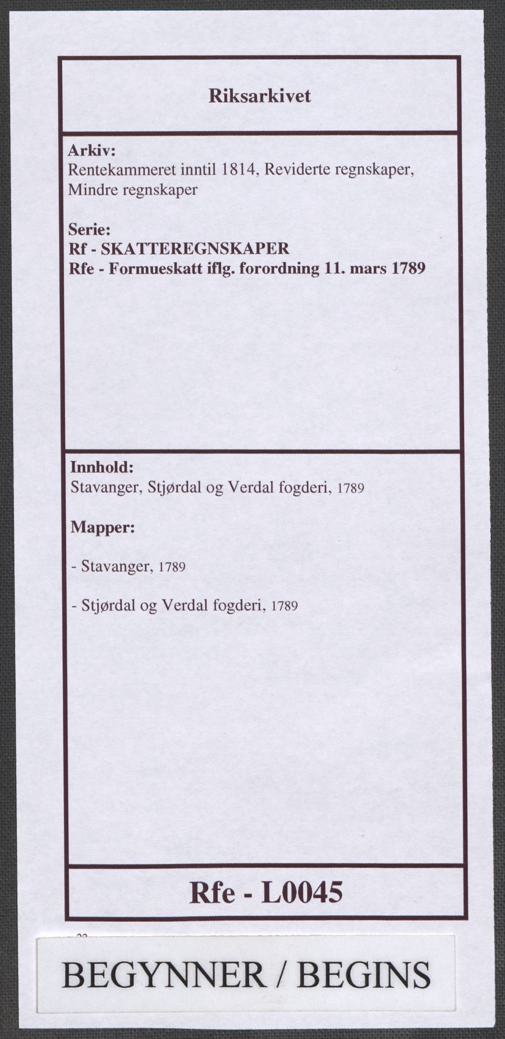 Rentekammeret inntil 1814, Reviderte regnskaper, Mindre regnskaper, RA/EA-4068/Rf/Rfe/L0045: Stavanger, Stjørdal og Verdal fogderi, 1789, s. 1