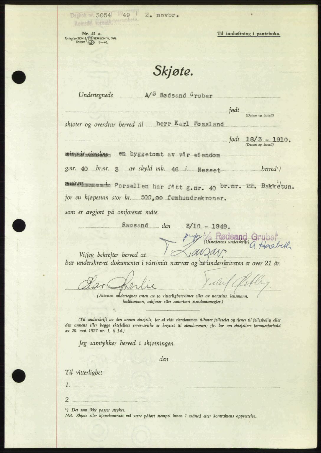 Romsdal sorenskriveri, SAT/A-4149/1/2/2C: Pantebok nr. A31, 1949-1949, Dagboknr: 3054/1949