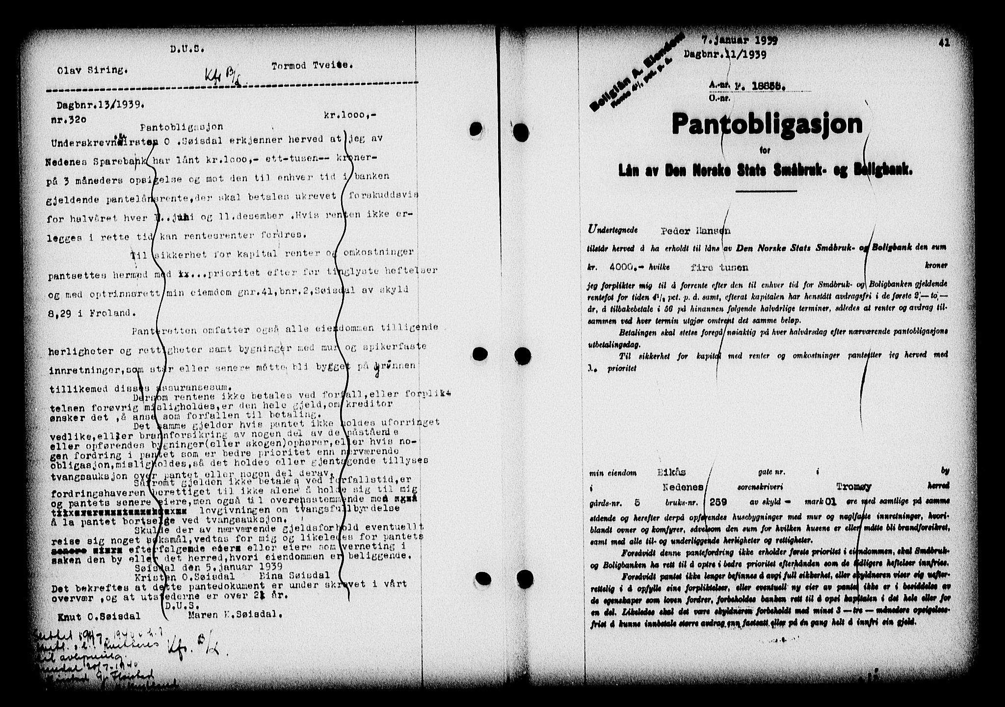 Nedenes sorenskriveri, AV/SAK-1221-0006/G/Gb/Gba/L0046: Pantebok nr. 42, 1938-1939, Dagboknr: 11/1939