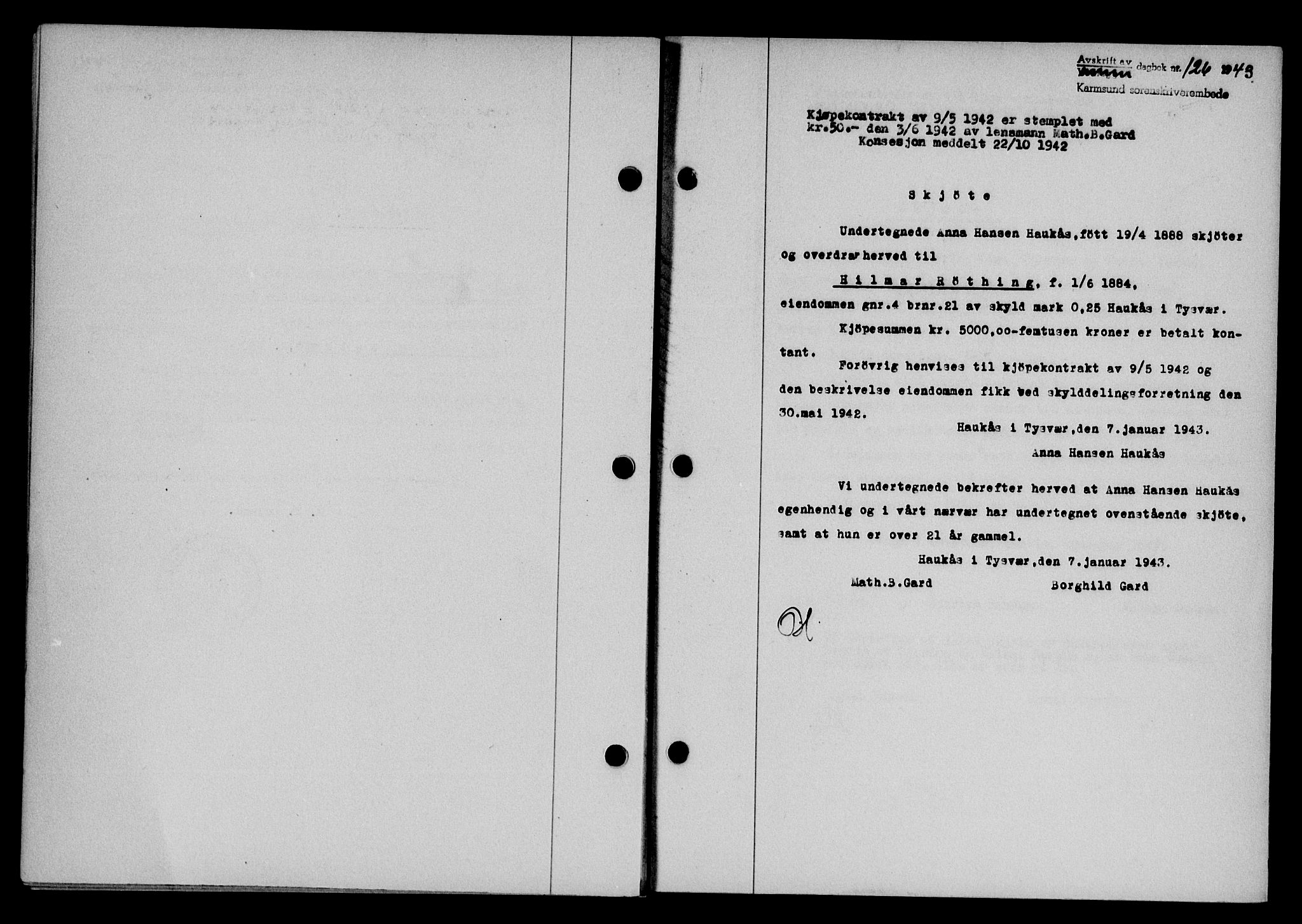 Karmsund sorenskriveri, SAST/A-100311/01/II/IIB/L0079: Pantebok nr. 60A, 1942-1943, Dagboknr: 126/1943