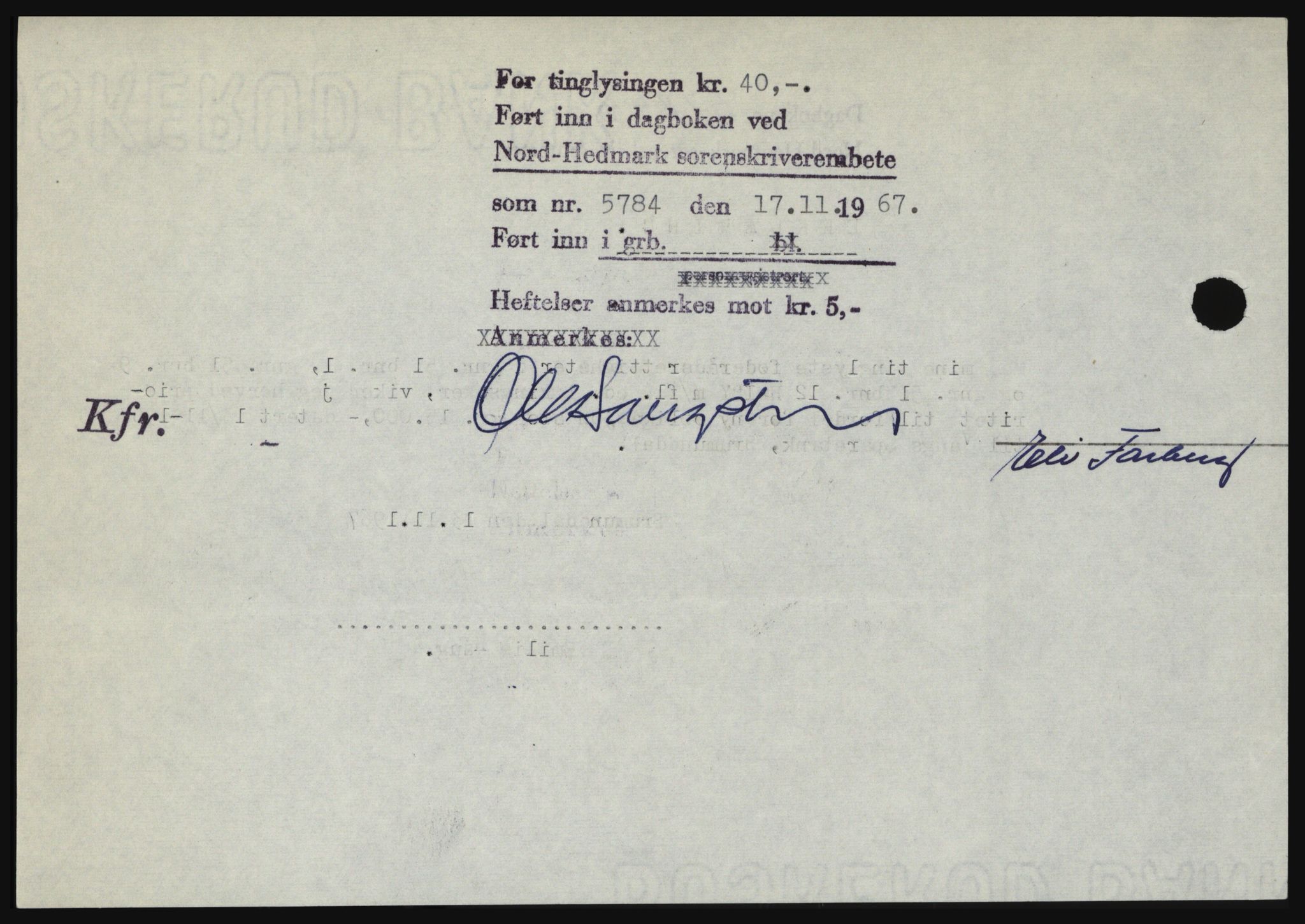 Nord-Hedmark sorenskriveri, SAH/TING-012/H/Hc/L0027: Pantebok nr. 27, 1967-1968, Dagboknr: 5784/1967