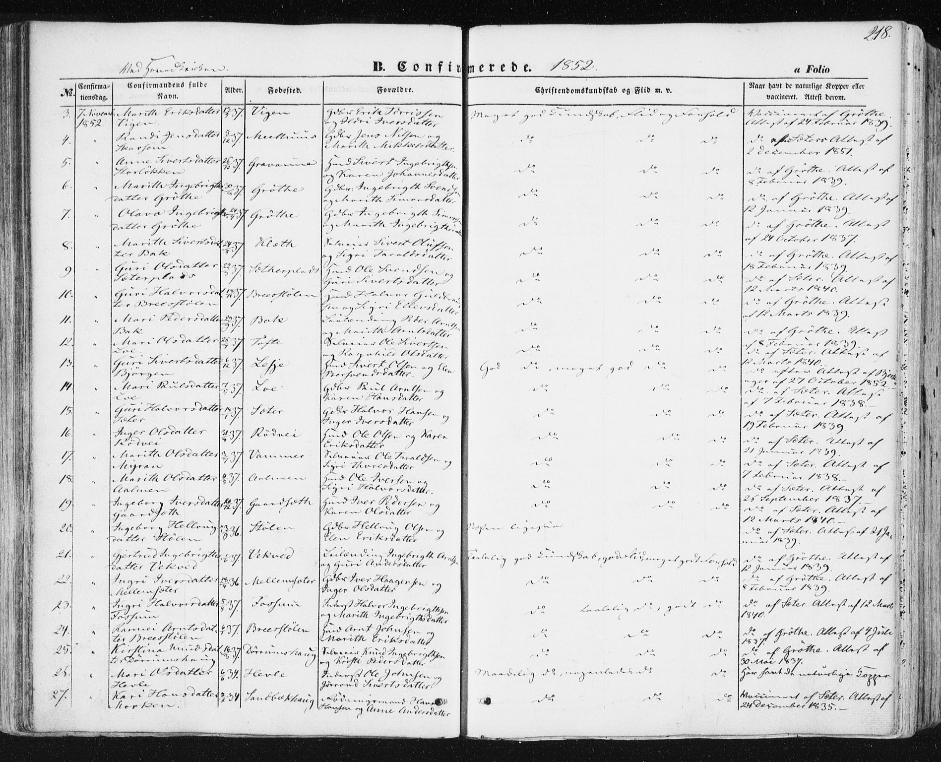 Ministerialprotokoller, klokkerbøker og fødselsregistre - Sør-Trøndelag, SAT/A-1456/678/L0899: Ministerialbok nr. 678A08, 1848-1872, s. 218