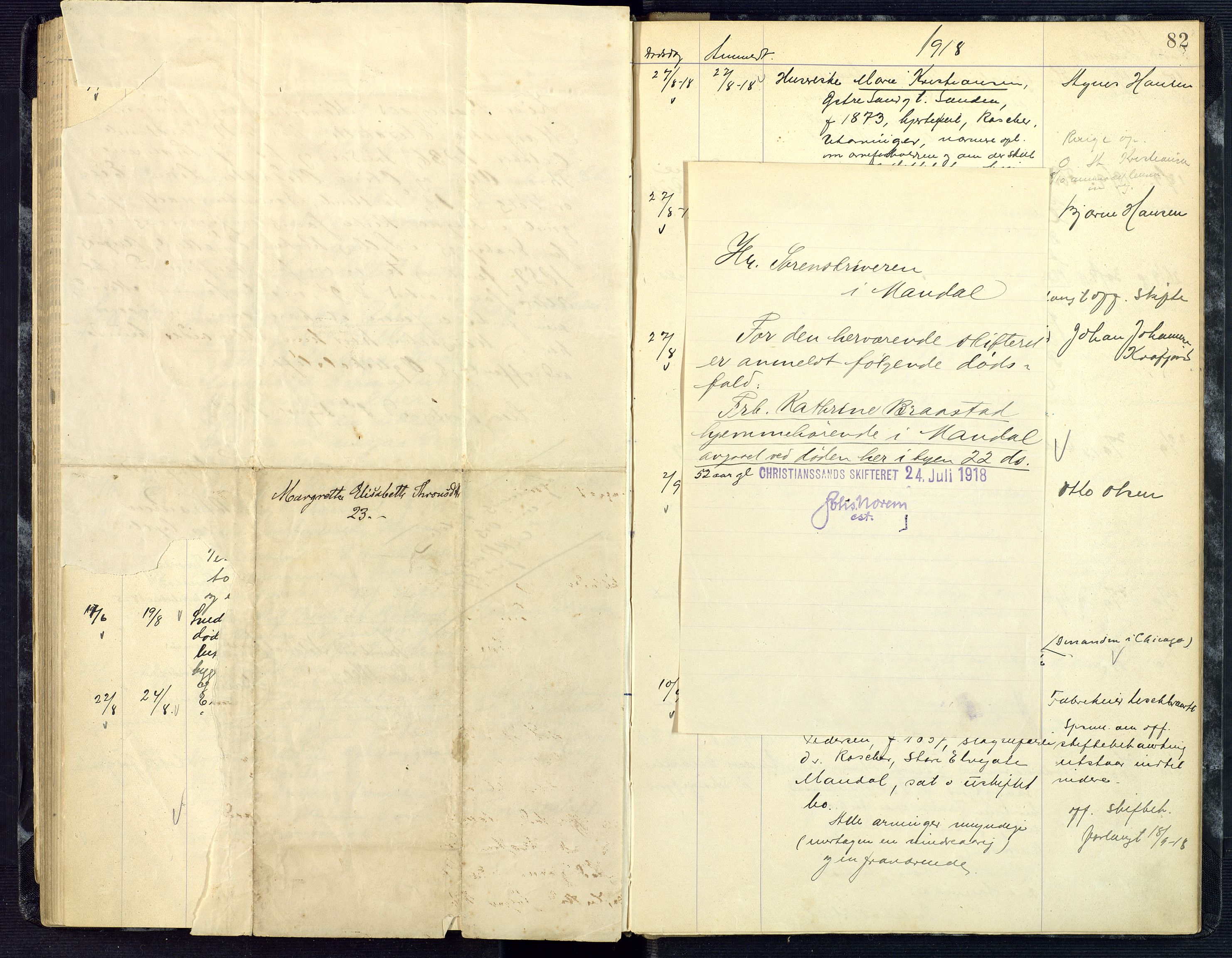 Mandal sorenskriveri, SAK/1221-0005/001/H/Ha/L0006: Dødsfall Mandal prestegjeld nr 5, 1908-1920, s. 82