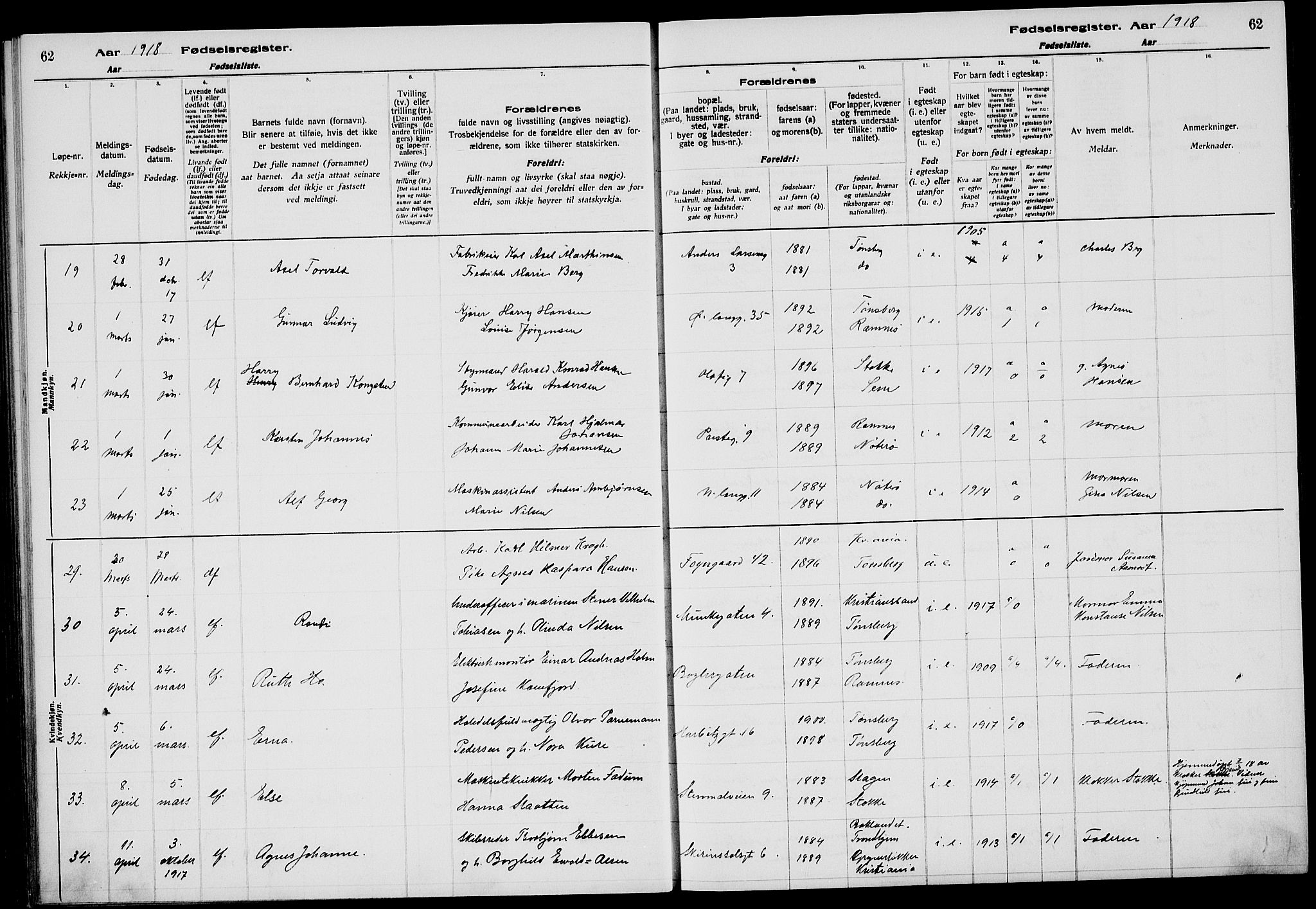Tønsberg kirkebøker, AV/SAKO-A-330/J/Ja/L0001: Fødselsregister nr. 1, 1916-1922, s. 62
