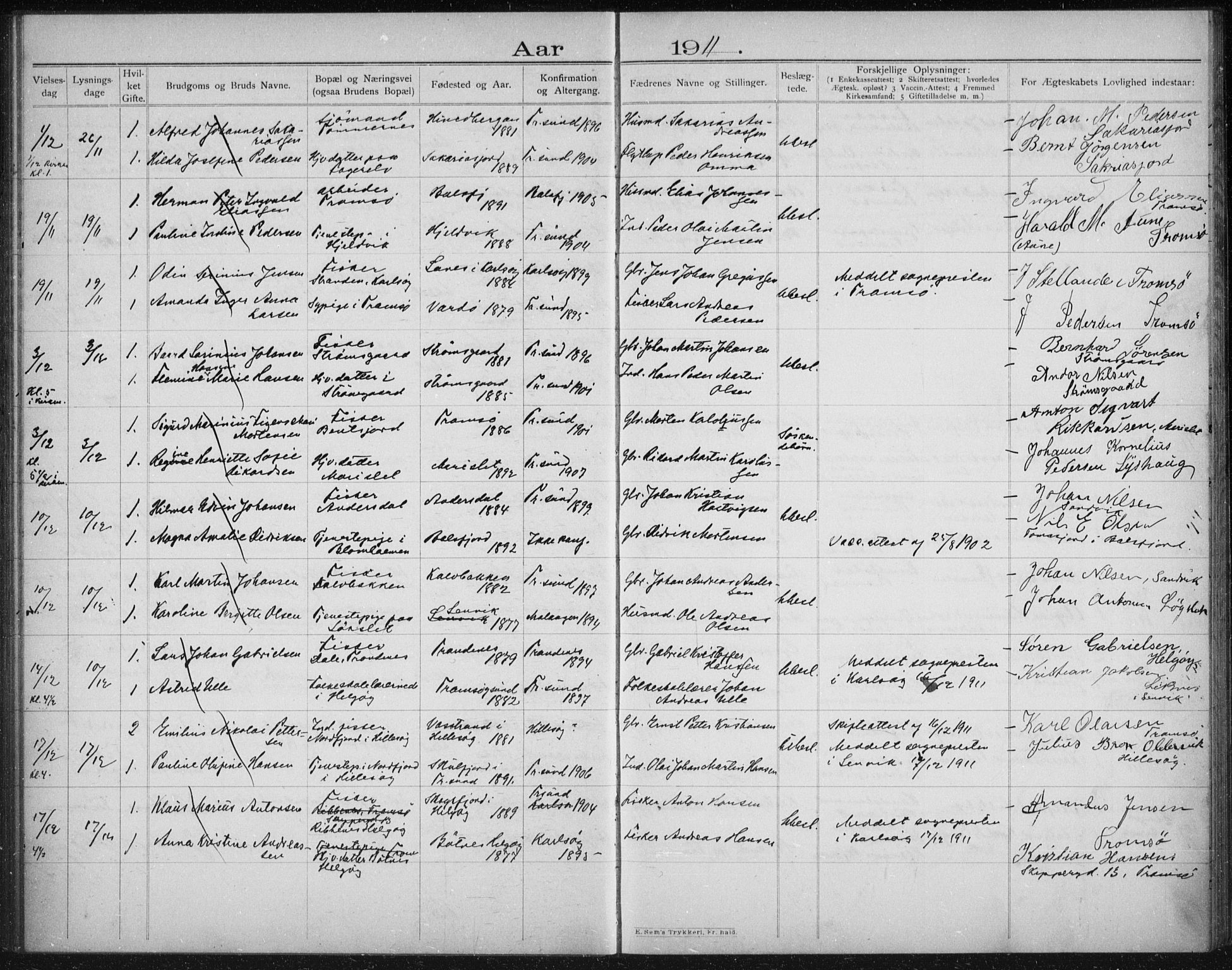 Tromsøysund sokneprestkontor, AV/SATØ-S-1304/H/Hc/L0058: Lysningsprotokoll nr. 58, 1905-1912