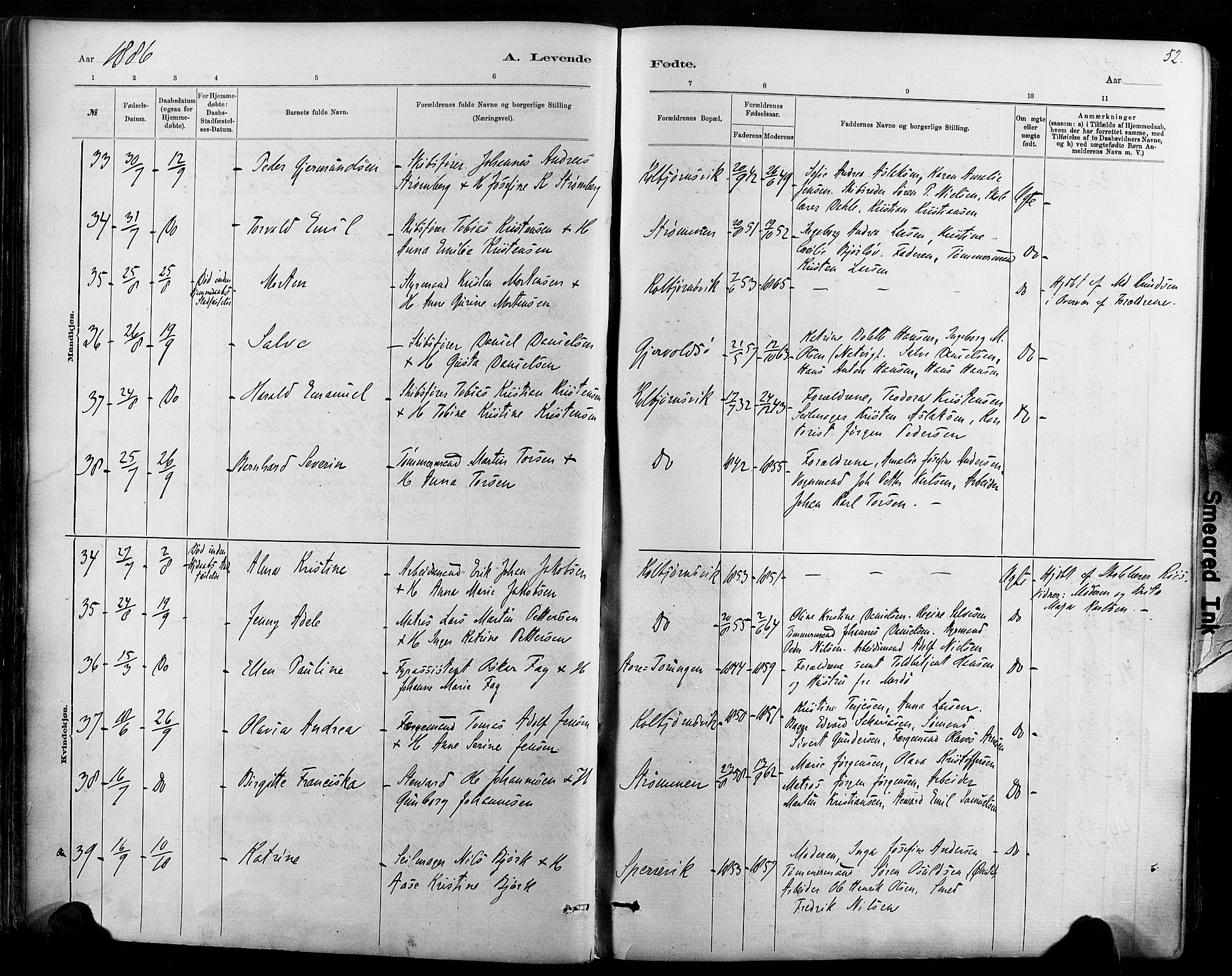 Hisøy sokneprestkontor, AV/SAK-1111-0020/F/Fa/L0003: Ministerialbok nr. A 3, 1881-1894, s. 52