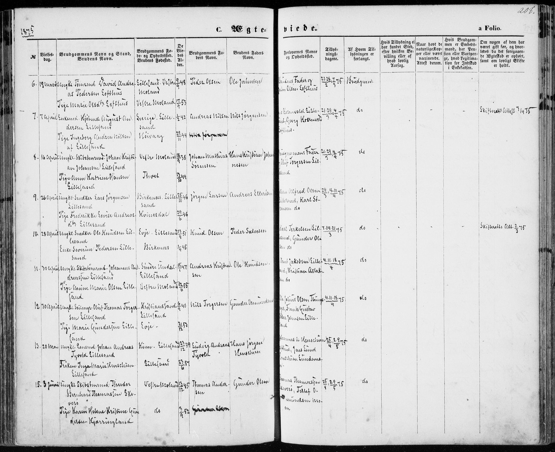 Vestre Moland sokneprestkontor, AV/SAK-1111-0046/F/Fa/Fab/L0008: Ministerialbok nr. A 8, 1873-1883, s. 208