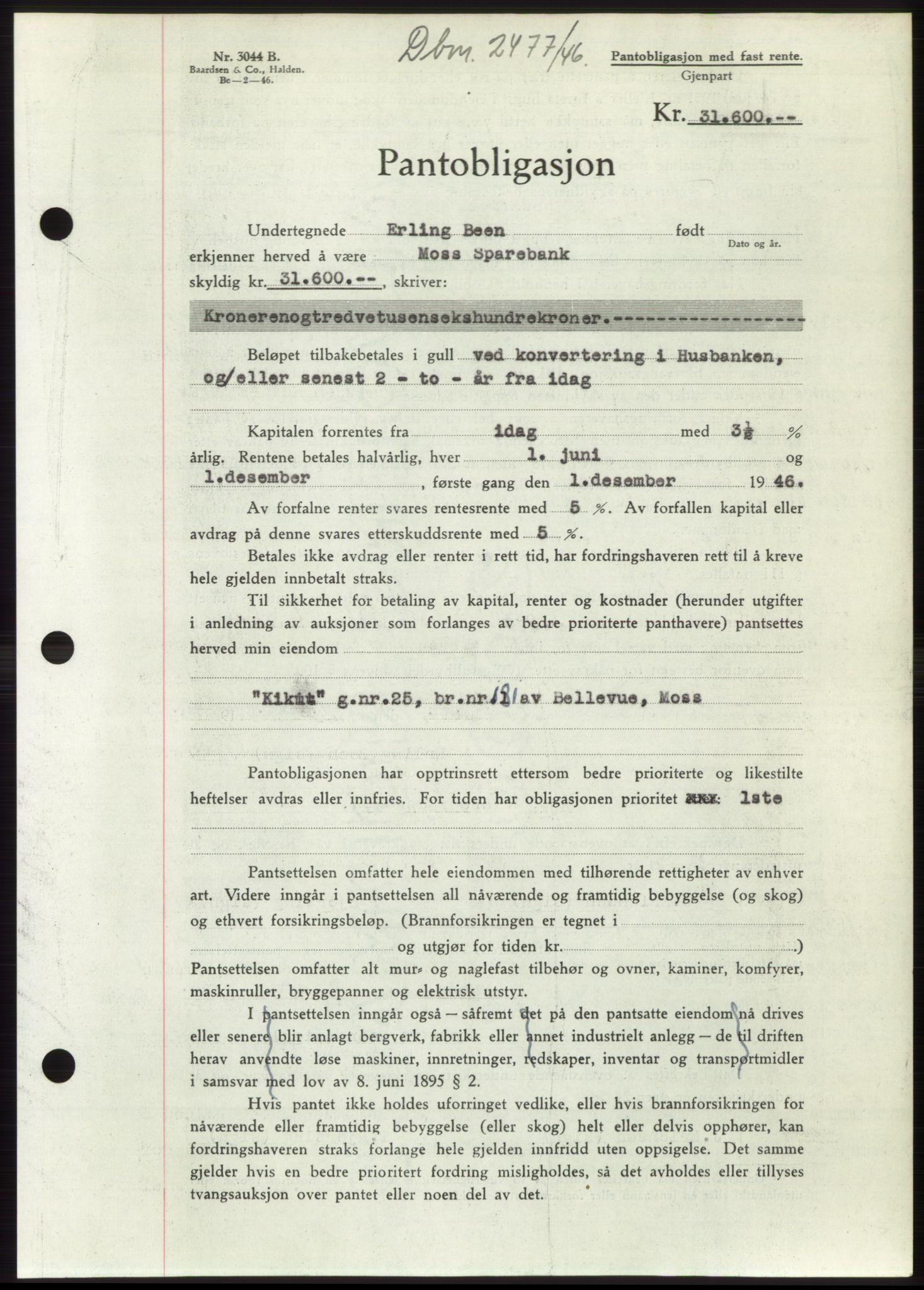 Moss sorenskriveri, SAO/A-10168: Pantebok nr. B16, 1946-1947, Dagboknr: 2477/1946