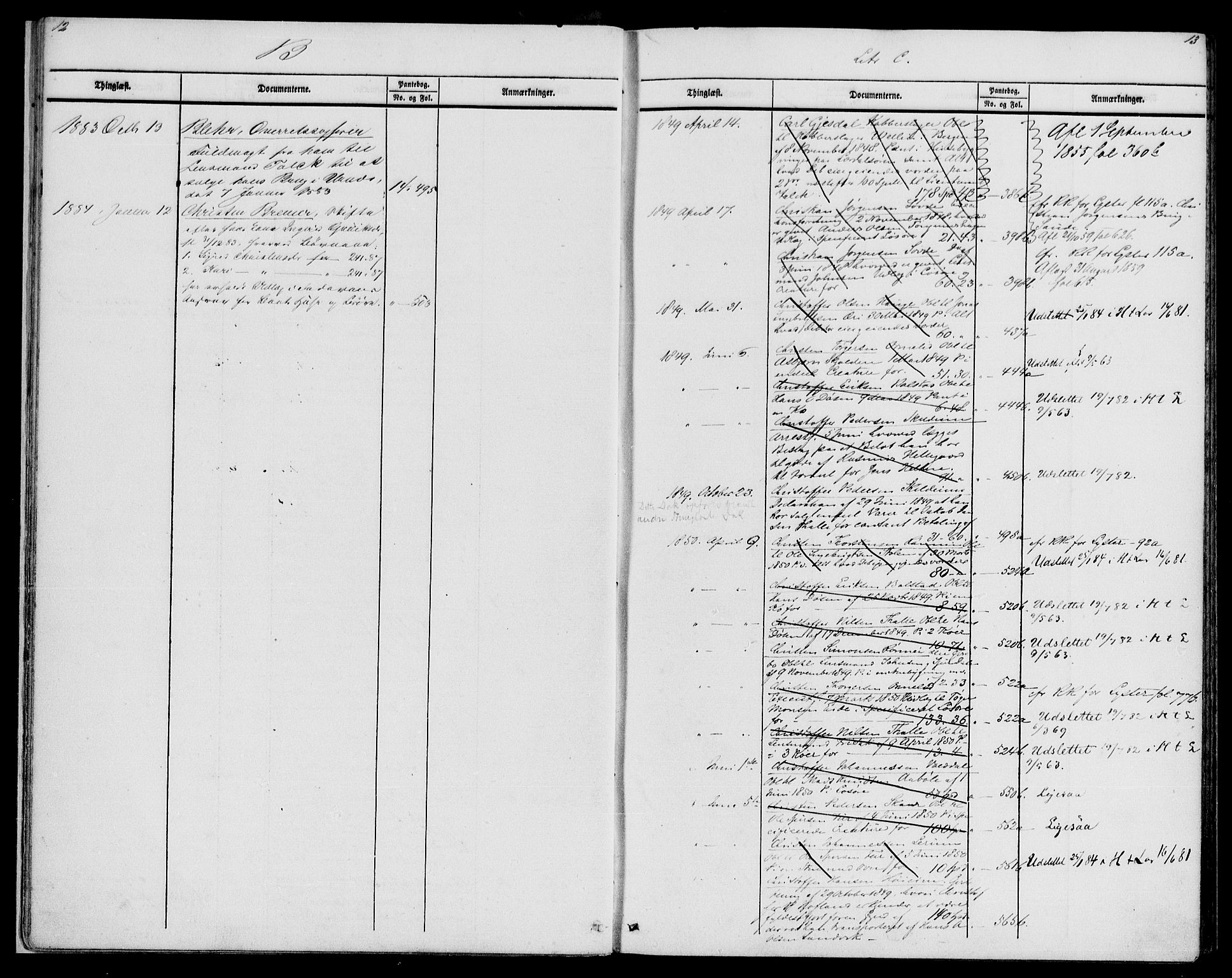 Indre Sogn tingrett, AV/SAB-A-3301/1/G/Ga/Gae/L0002: Panteregister nr. II.A.e.2, 1849-1883, s. 12-13