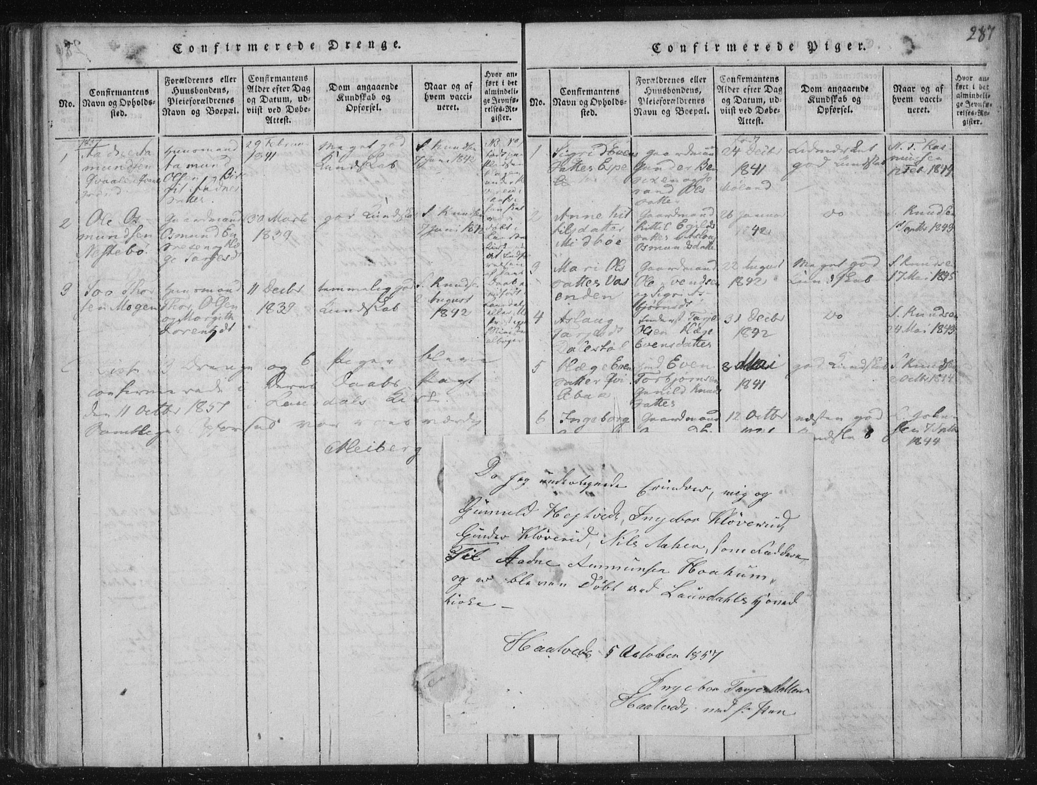 Lårdal kirkebøker, SAKO/A-284/F/Fc/L0001: Ministerialbok nr. III 1, 1815-1860, s. 287