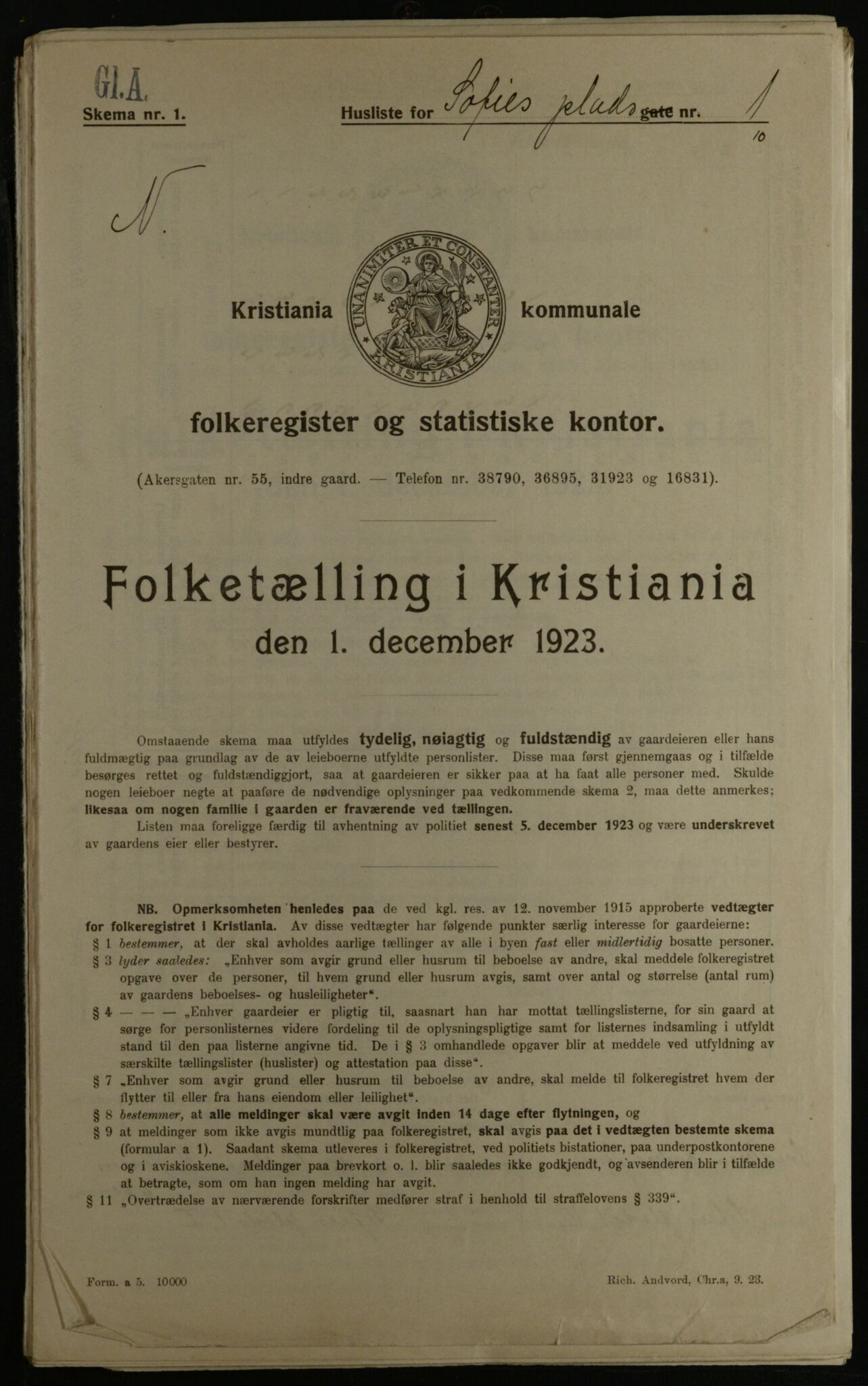 OBA, Kommunal folketelling 1.12.1923 for Kristiania, 1923, s. 109468