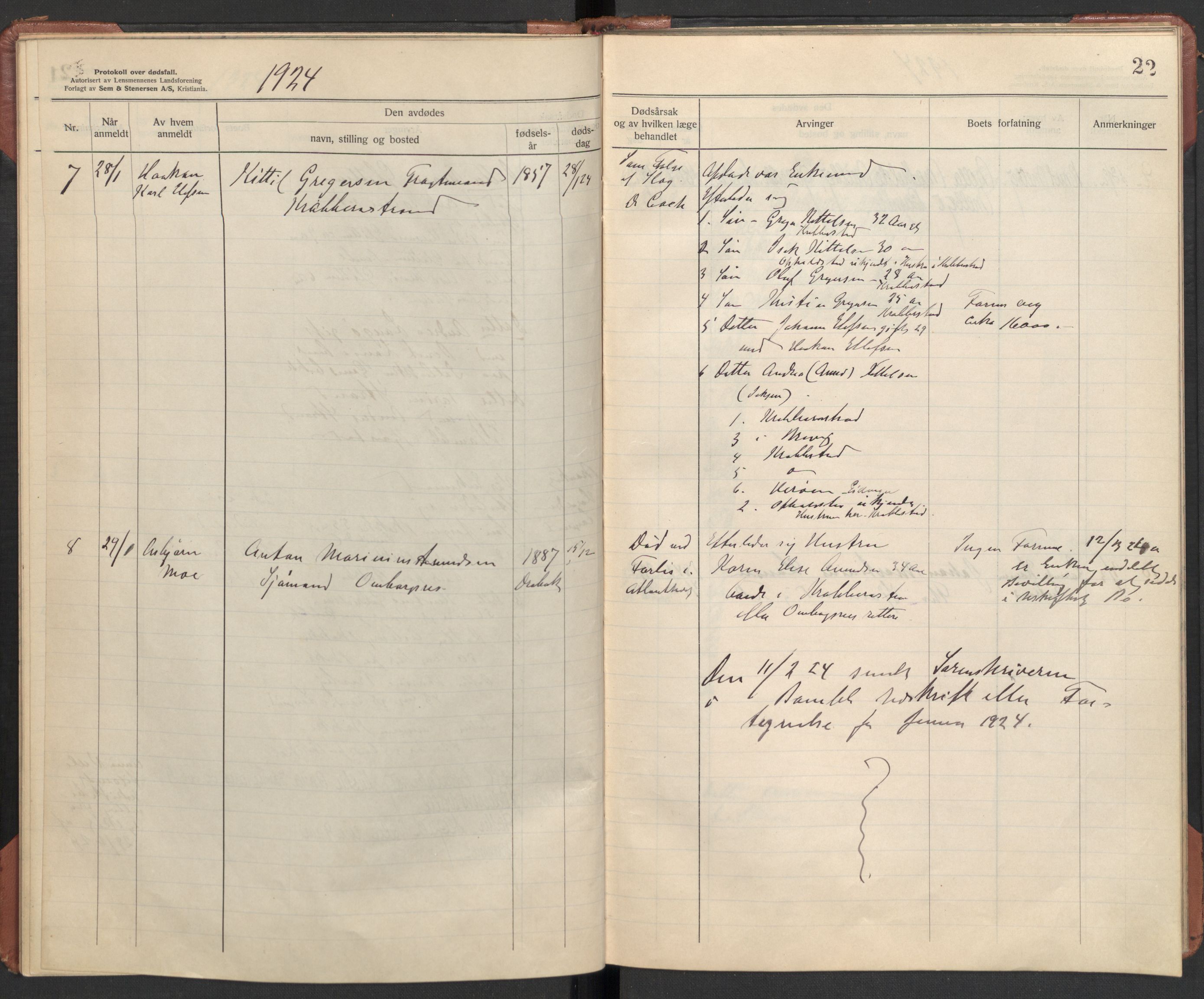 Bamble lensmannskontor, SAKO/A-552/H/Ha/Haa/L0004: Dødsfallsprotokoll, 1923-1926, s. 22
