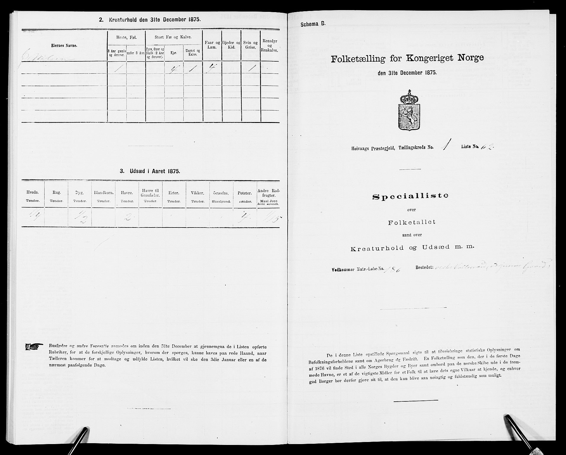 SAK, Folketelling 1875 for 0927P Høvåg prestegjeld, 1875, s. 165