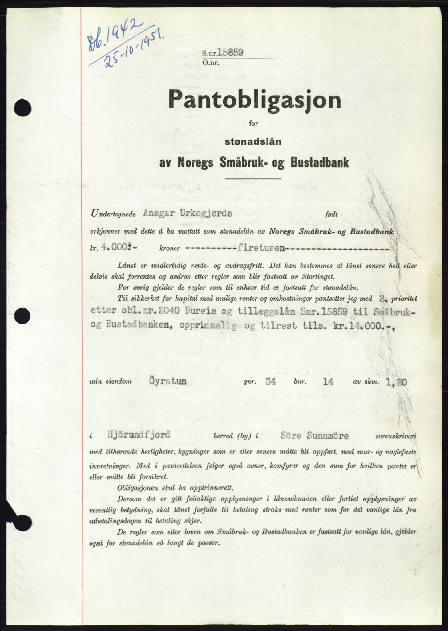 Søre Sunnmøre sorenskriveri, SAT/A-4122/1/2/2C/L0120: Pantebok nr. 8B, 1951-1951, Dagboknr: 1942/1951
