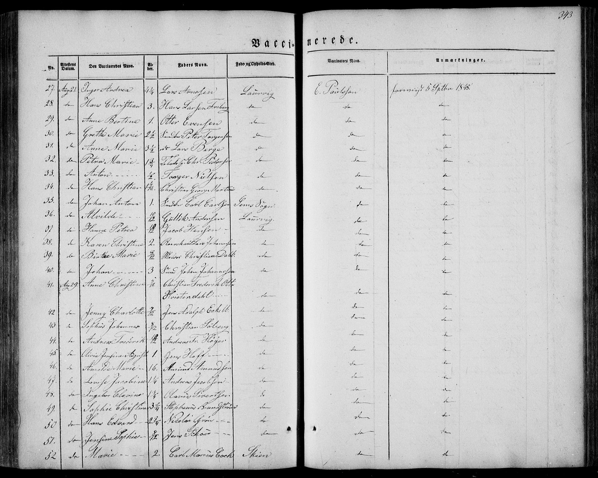 Larvik kirkebøker, AV/SAKO-A-352/F/Fa/L0003: Ministerialbok nr. I 3, 1848-1856, s. 343