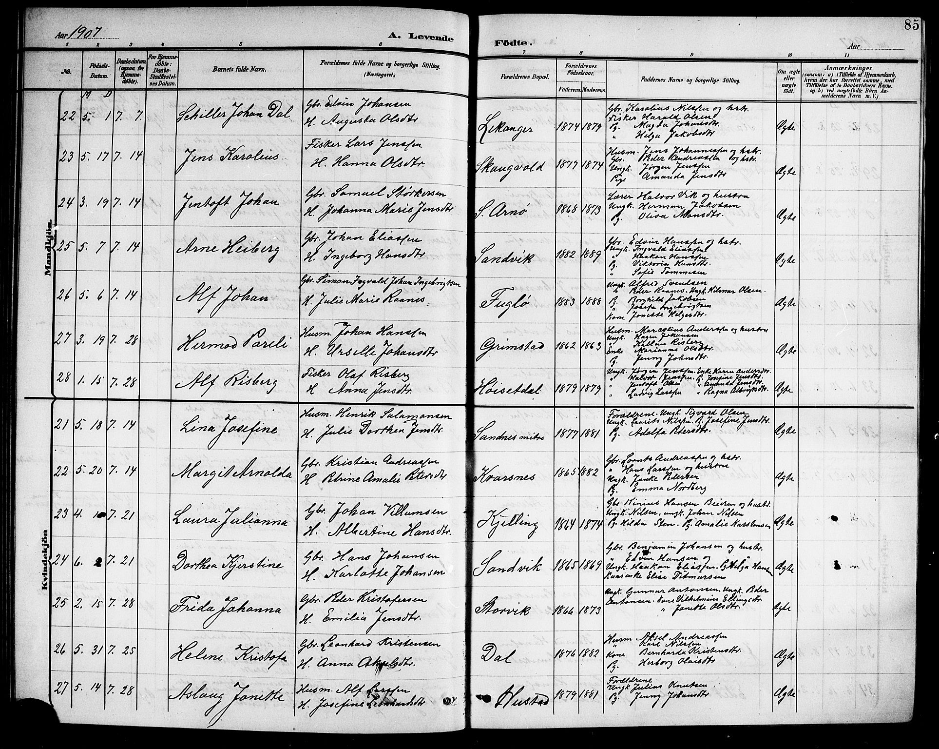 Ministerialprotokoller, klokkerbøker og fødselsregistre - Nordland, AV/SAT-A-1459/805/L0109: Klokkerbok nr. 805C05, 1900-1911, s. 85