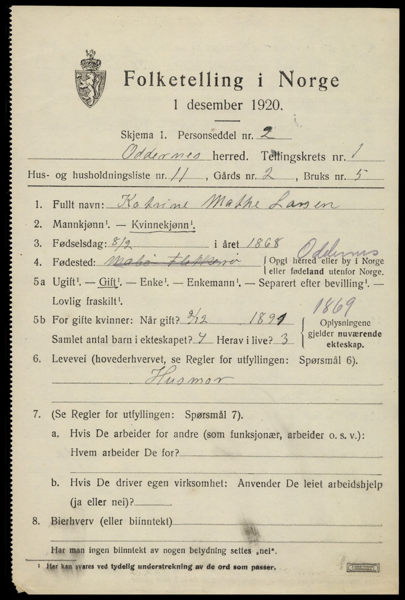 SAK, Folketelling 1920 for 1012 Oddernes herred, 1920, s. 2141