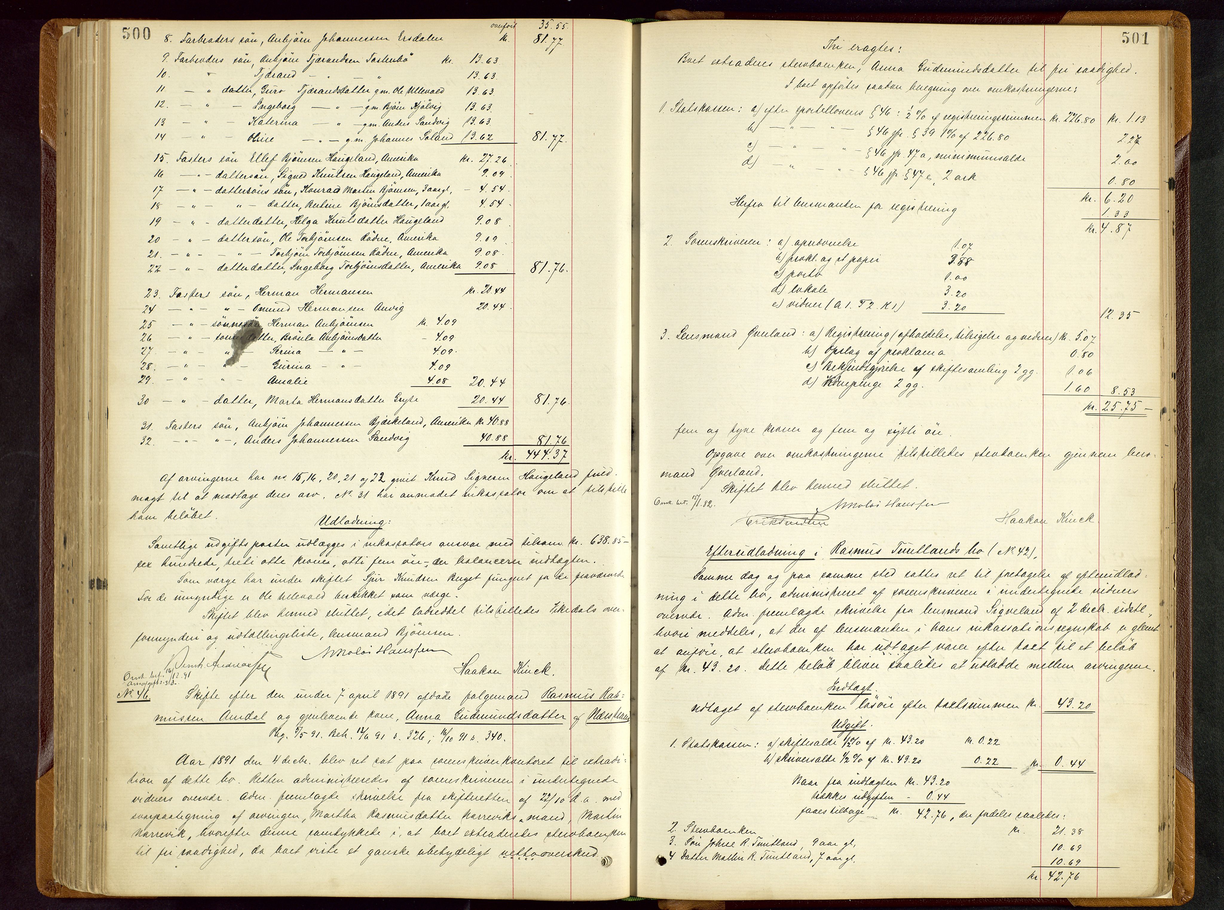 Ryfylke tingrett, AV/SAST-A-100055/001/IV/IVD/L0028: Skifteprotokoll, register i protokollen, 1885-1893, s. 500-501