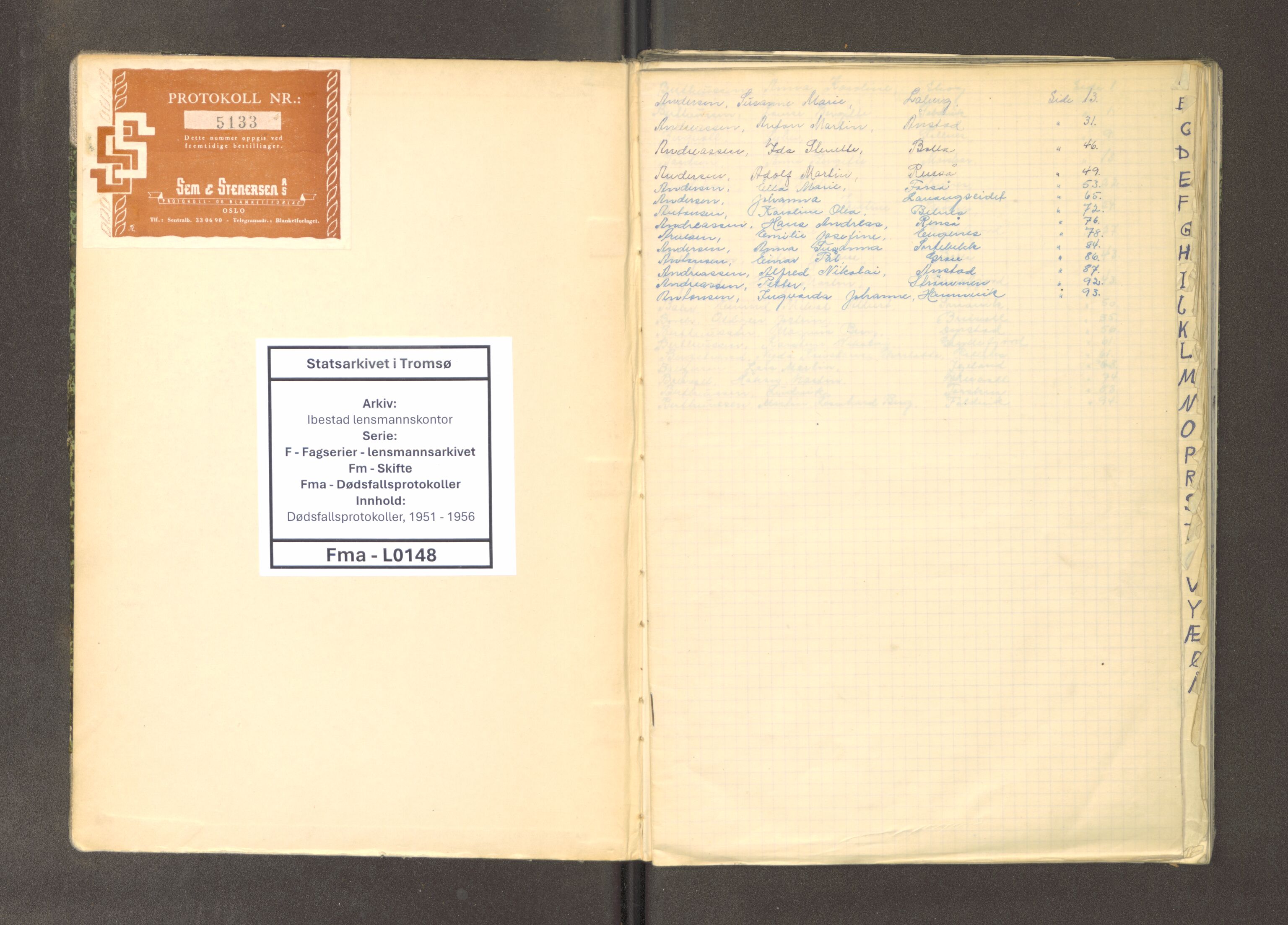 Ibestad lensmannskontor, AV/SATØ-S-1499/F/Fm/Fma/L0148: Dødsfallsprotokoll for Ibestad lensmannsdistrikt, 1951-1956