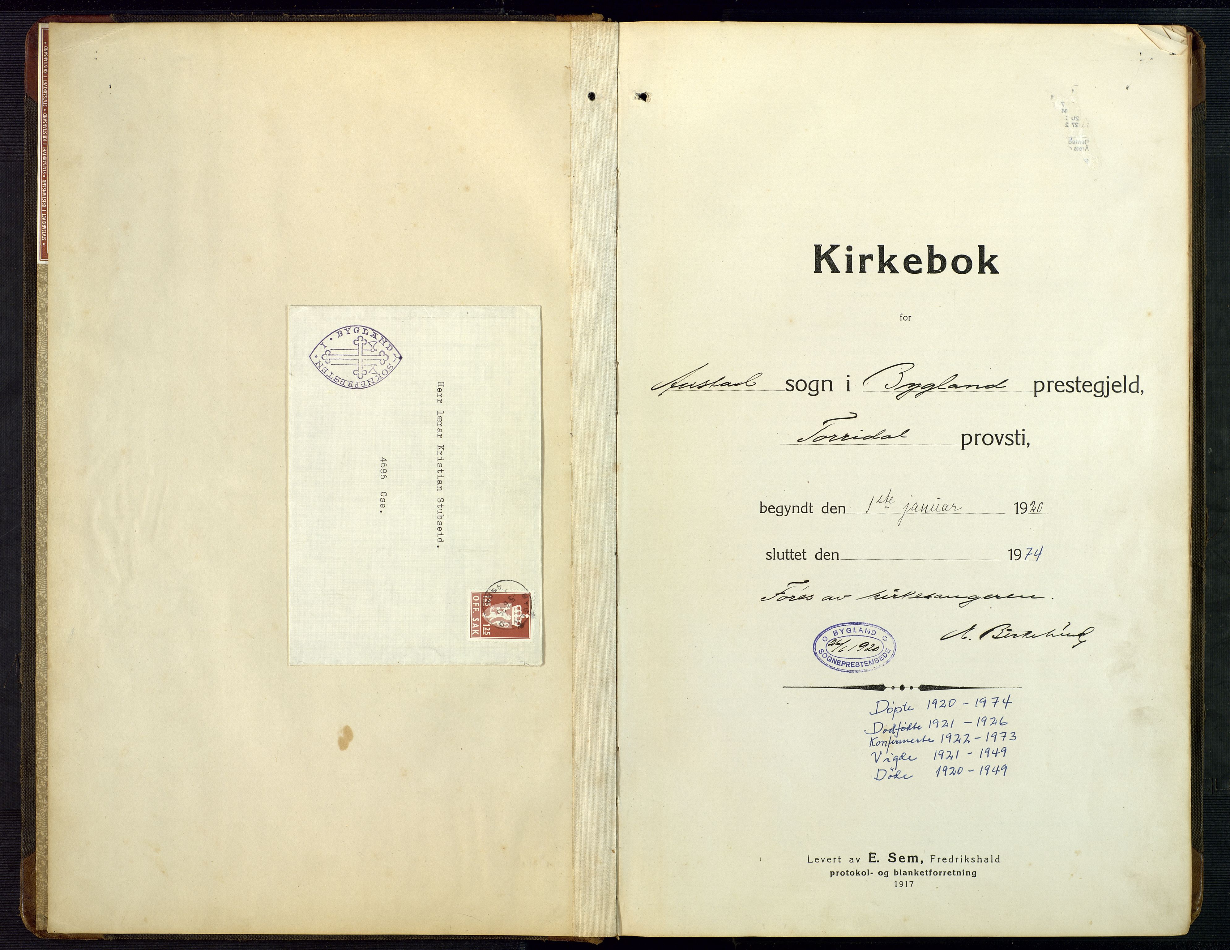 Bygland sokneprestkontor, AV/SAK-1111-0006/F/Fb/Fba/L0003: Klokkerbok nr. B 3, 1920-1974