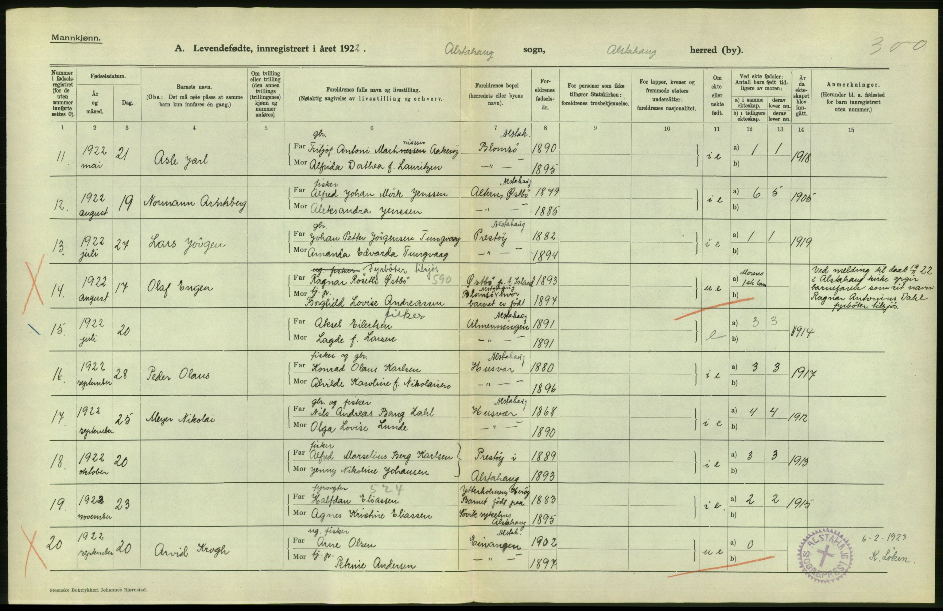 Statistisk sentralbyrå, Sosiodemografiske emner, Befolkning, AV/RA-S-2228/D/Df/Dfc/Dfcb/L0044: Nordland fylke: Levendefødte menn og kvinner. Bygder og byer., 1922, s. 386