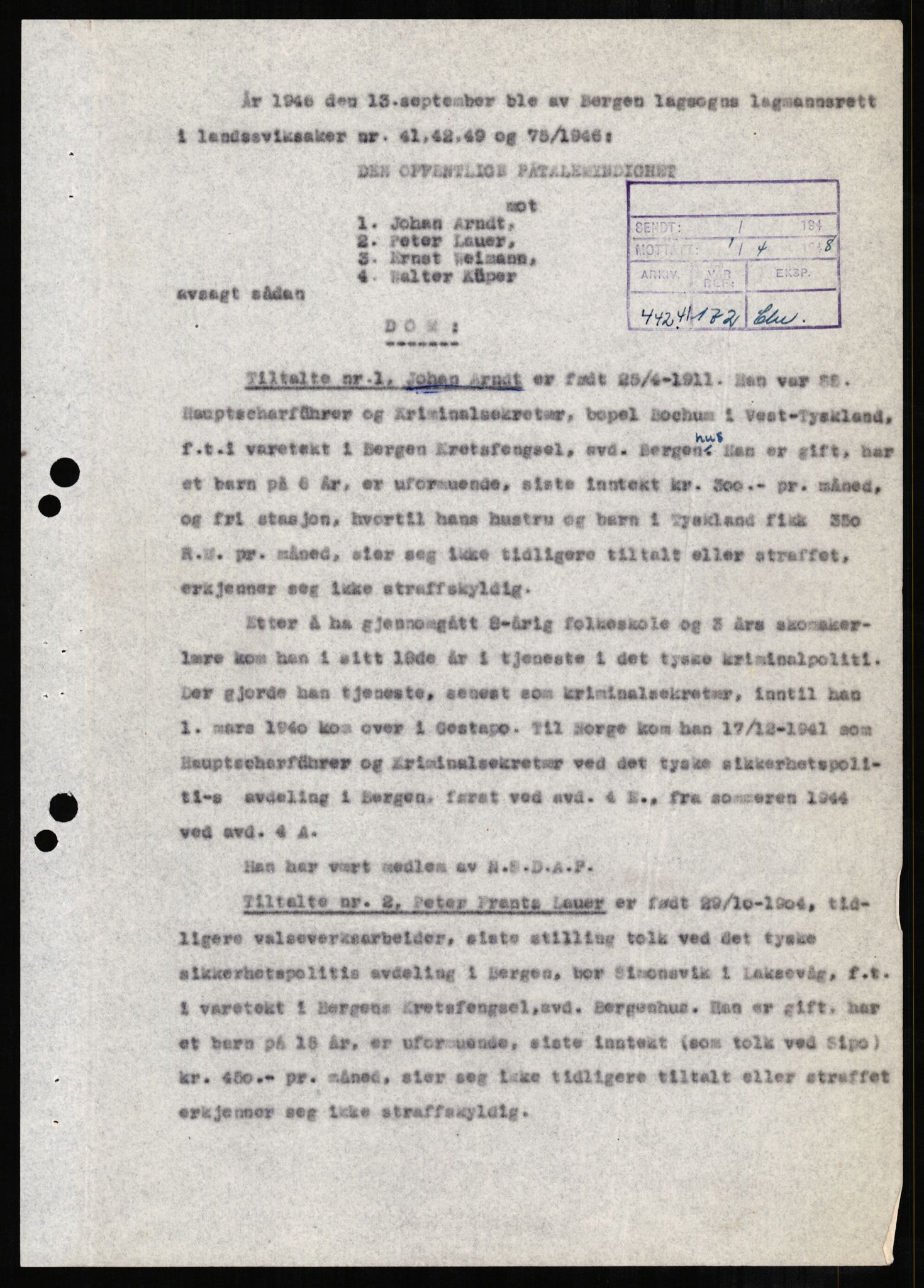 Forsvaret, Forsvarets overkommando II, AV/RA-RAFA-3915/D/Db/L0001: CI Questionaires. Tyske okkupasjonsstyrker i Norge. Tyskere., 1945-1946, s. 310