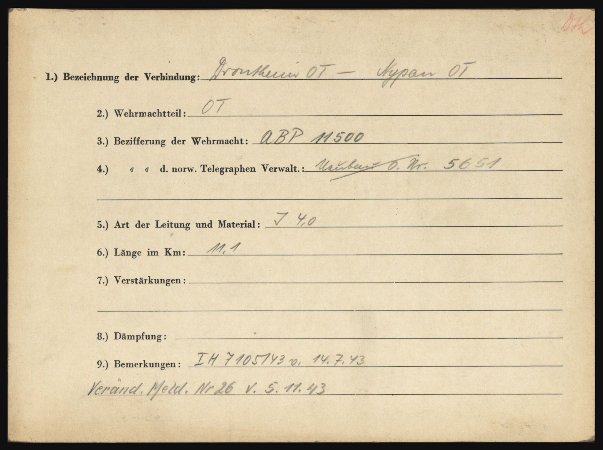 Tyske arkiver, Organisation Todt (OT), Einsatzgruppe Wiking, RA/RAFA-2188/1/O/O12/L0003: Kartotek over tyske telefon- og fjernskriverlinjer i Norge, 1940-1945, s. 40