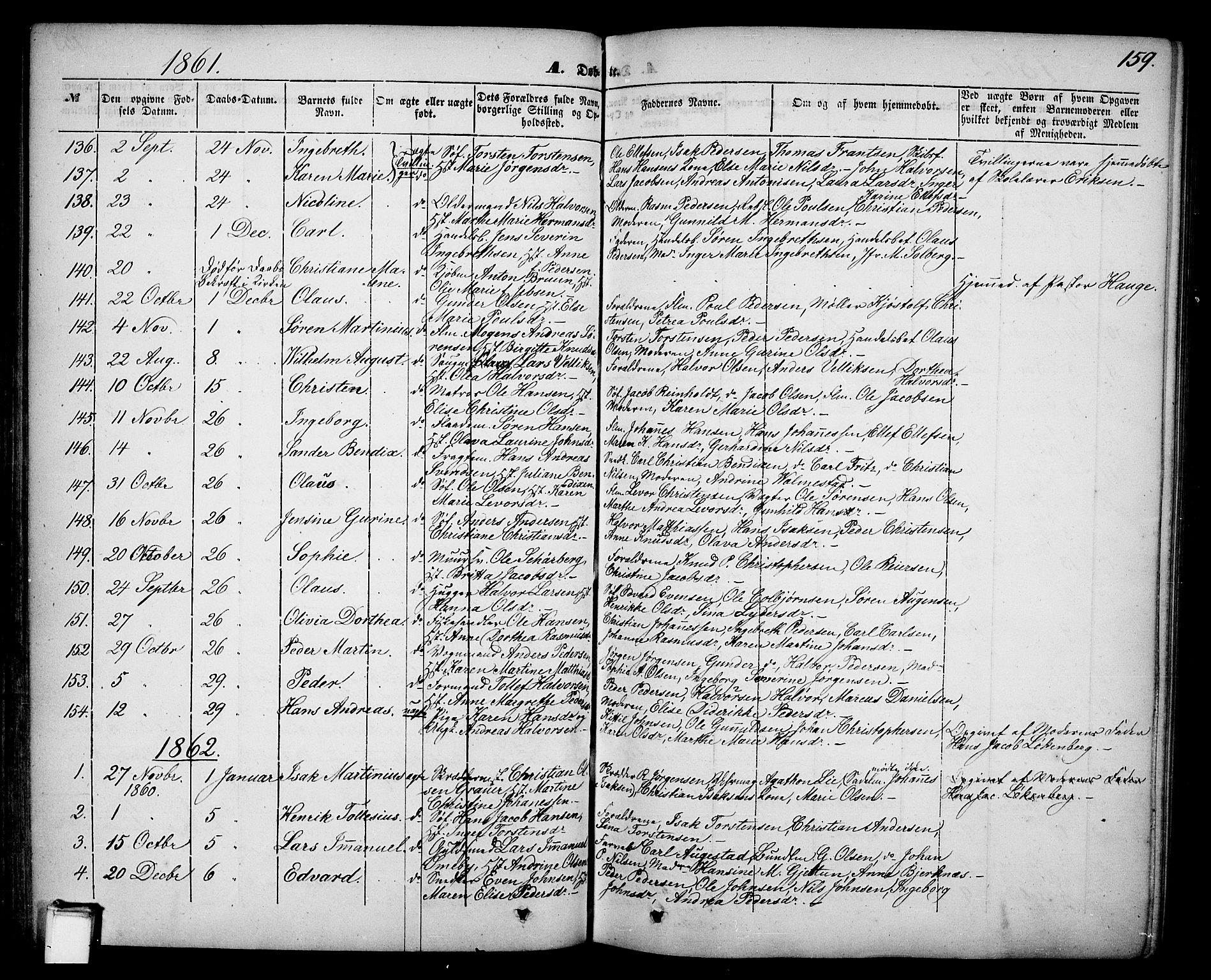Skien kirkebøker, AV/SAKO-A-302/G/Ga/L0004: Klokkerbok nr. 4, 1843-1867, s. 159