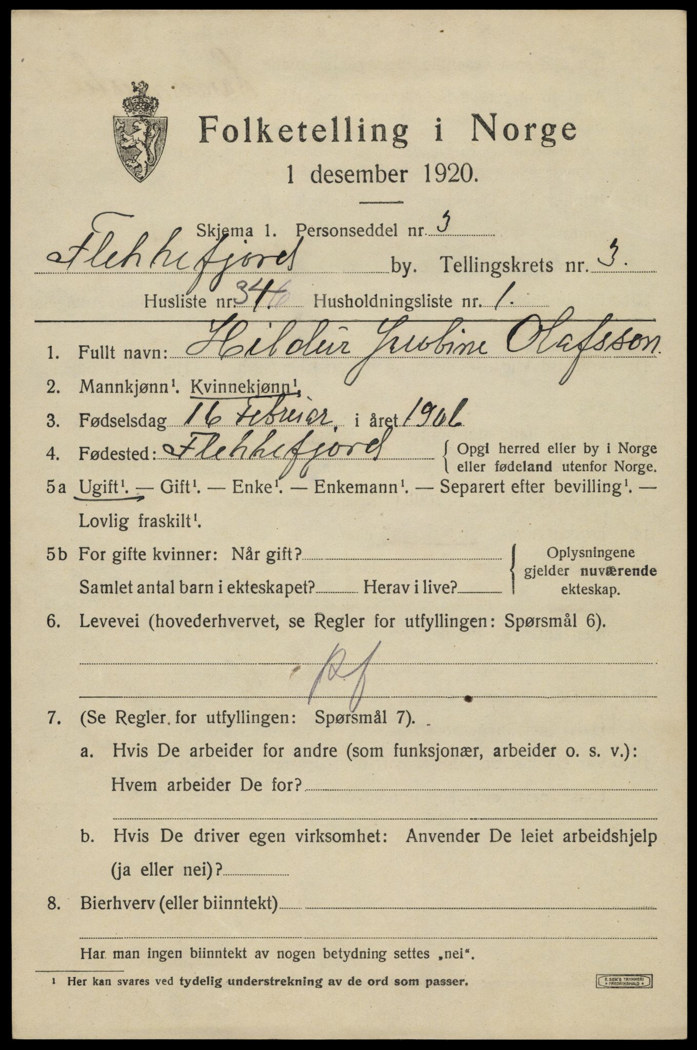 SAK, Folketelling 1920 for 1004 Flekkefjord kjøpstad, 1920, s. 3802
