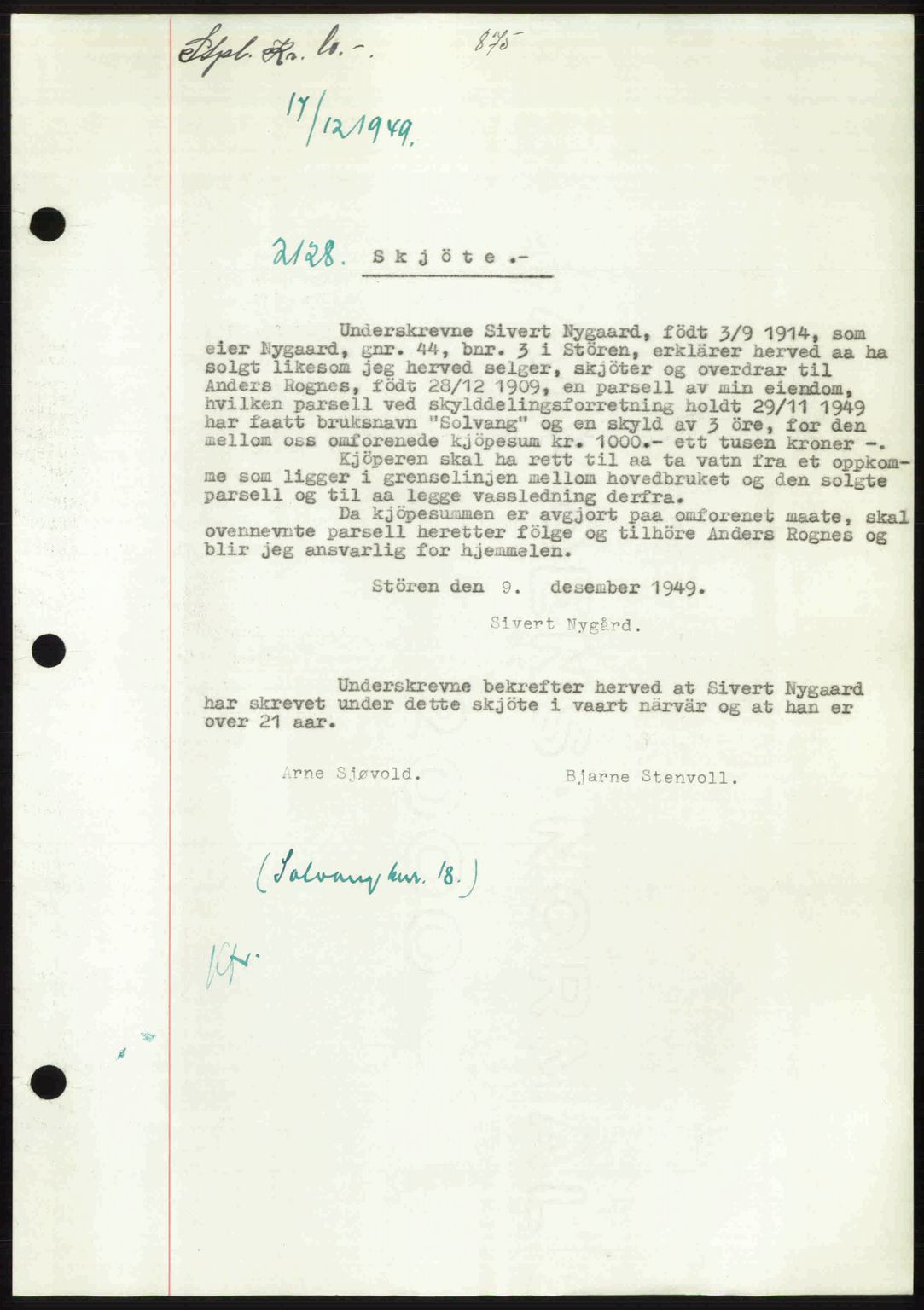 Gauldal sorenskriveri, SAT/A-0014/1/2/2C: Pantebok nr. A9, 1949-1950, Dagboknr: 2128/1949