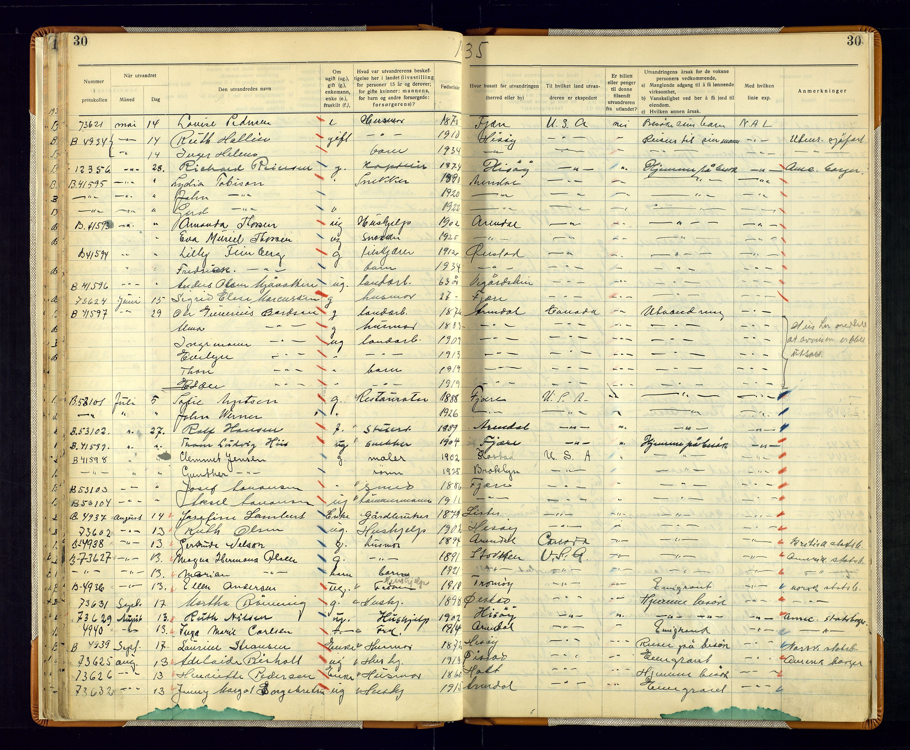 Arendal politikammer - 1, AV/SAK-1243-0001/K/Kb/L0111: Emigrantprotokoll, 1930-1946, s. 30