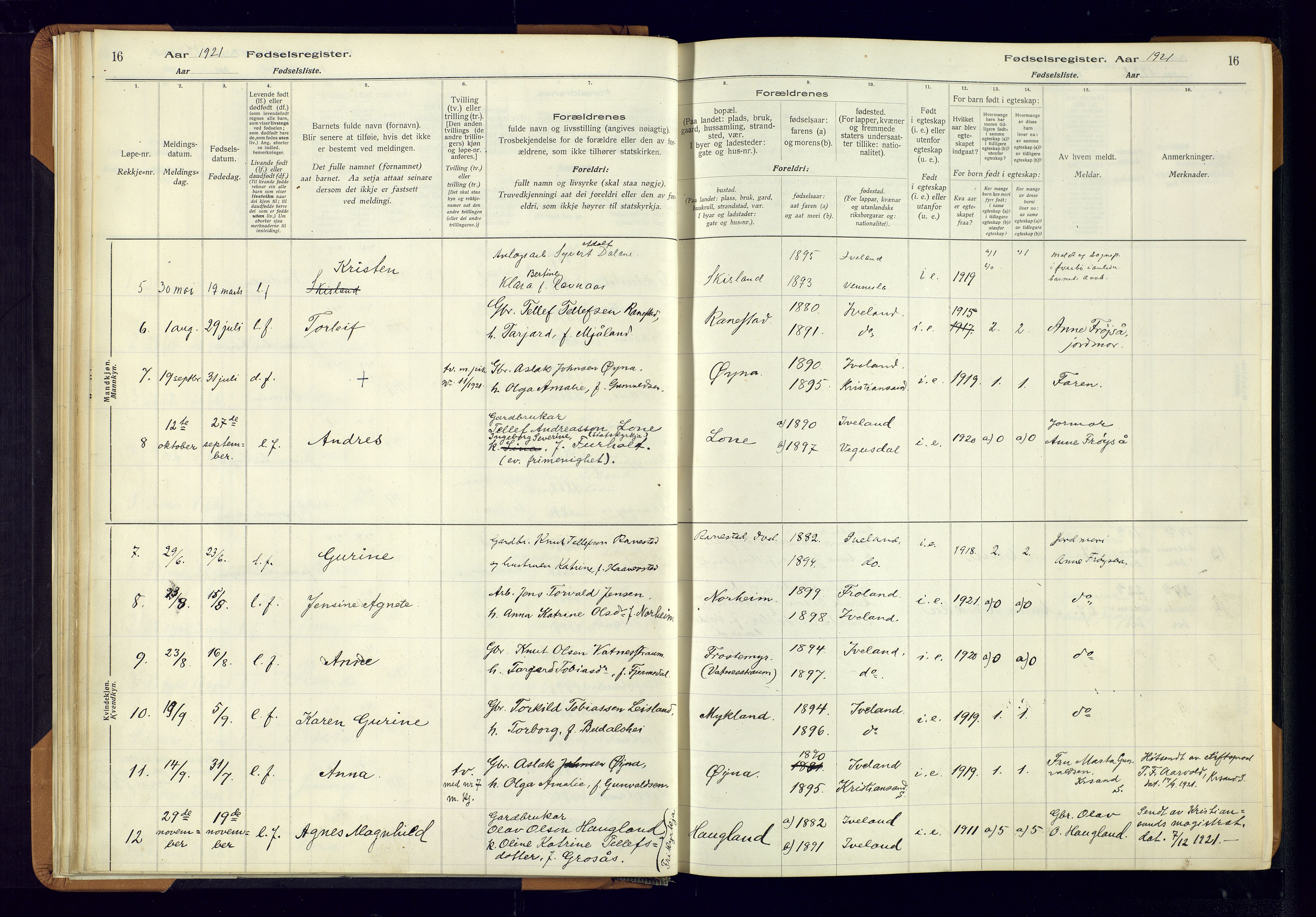 Evje sokneprestkontor, AV/SAK-1111-0008/J/Jc/L0003: Fødselsregister nr. II.4.3, 1916-1982, s. 16