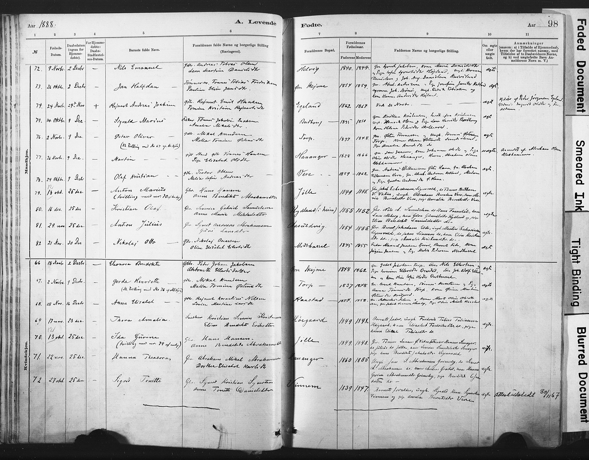 Lista sokneprestkontor, SAK/1111-0027/F/Fa/L0012: Ministerialbok nr. A 12, 1879-1903, s. 98