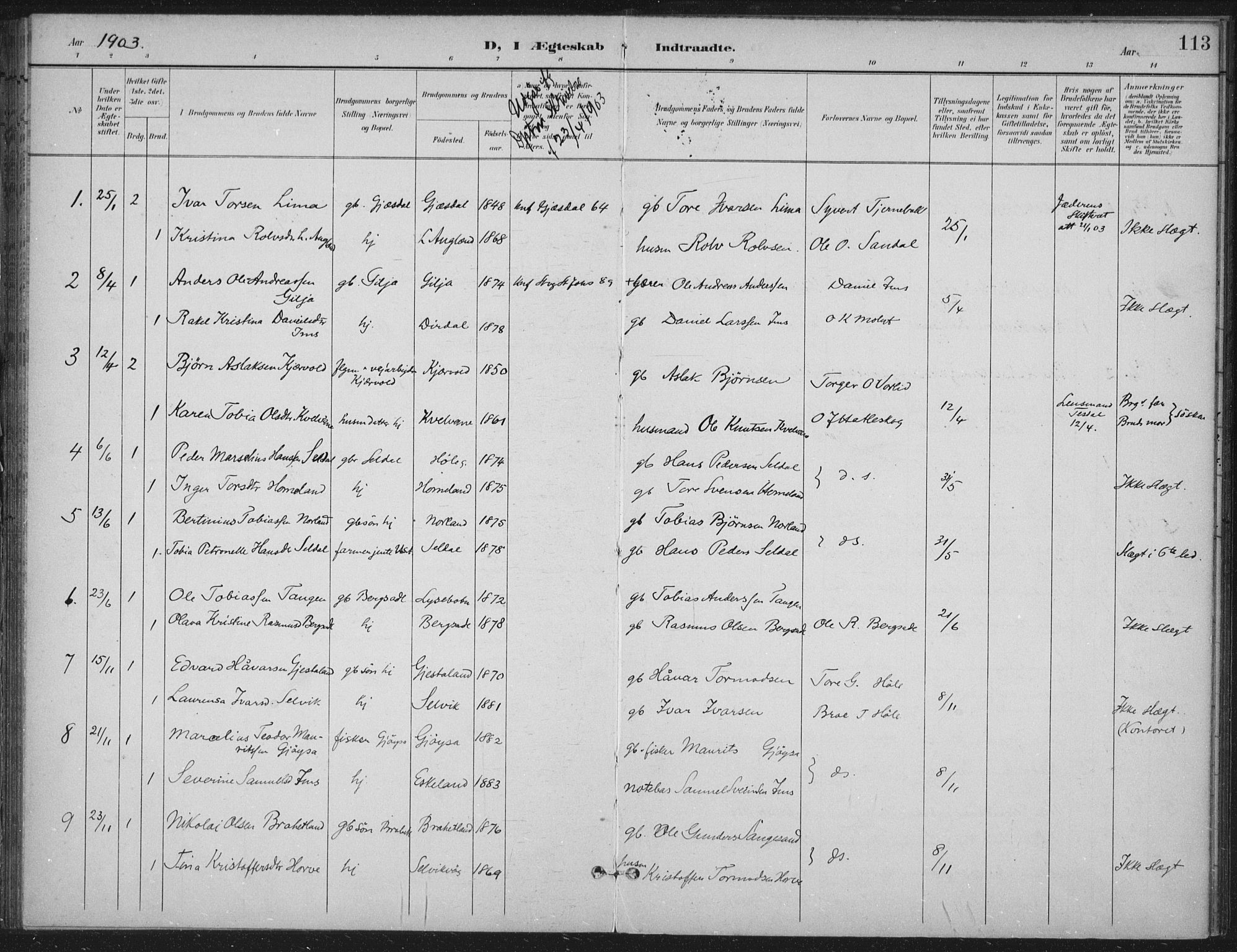 Høgsfjord sokneprestkontor, AV/SAST-A-101624/H/Ha/Haa/L0008: Ministerialbok nr. A 8, 1898-1920, s. 113