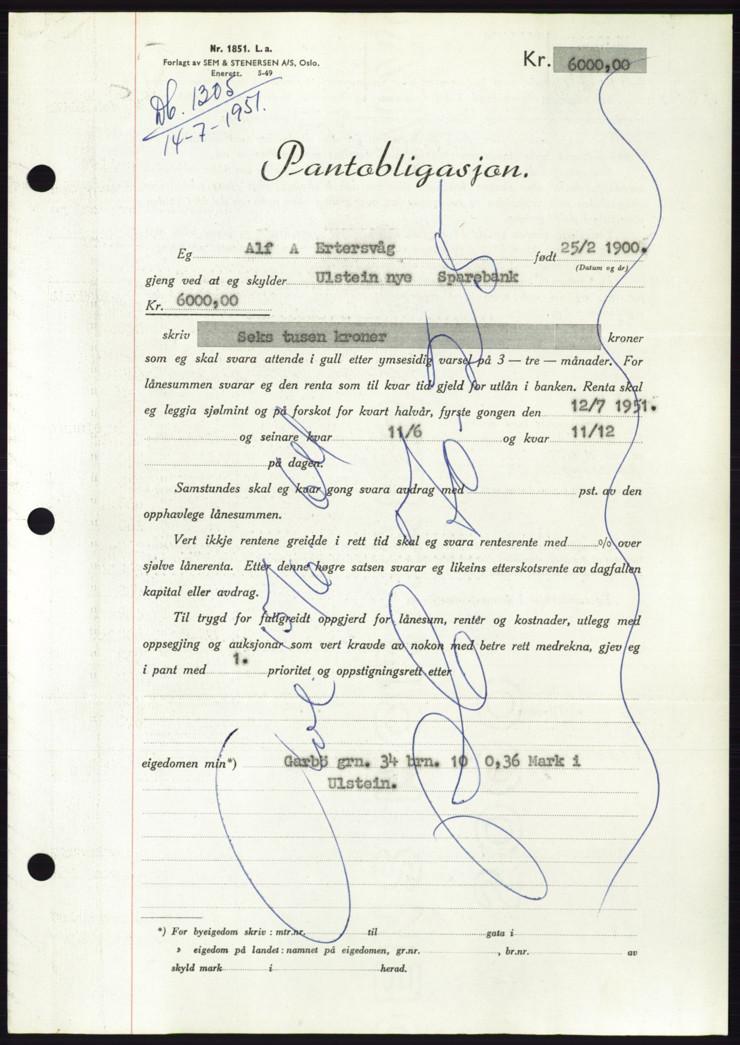 Søre Sunnmøre sorenskriveri, SAT/A-4122/1/2/2C/L0120: Pantebok nr. 8B, 1951-1951, Dagboknr: 1305/1951