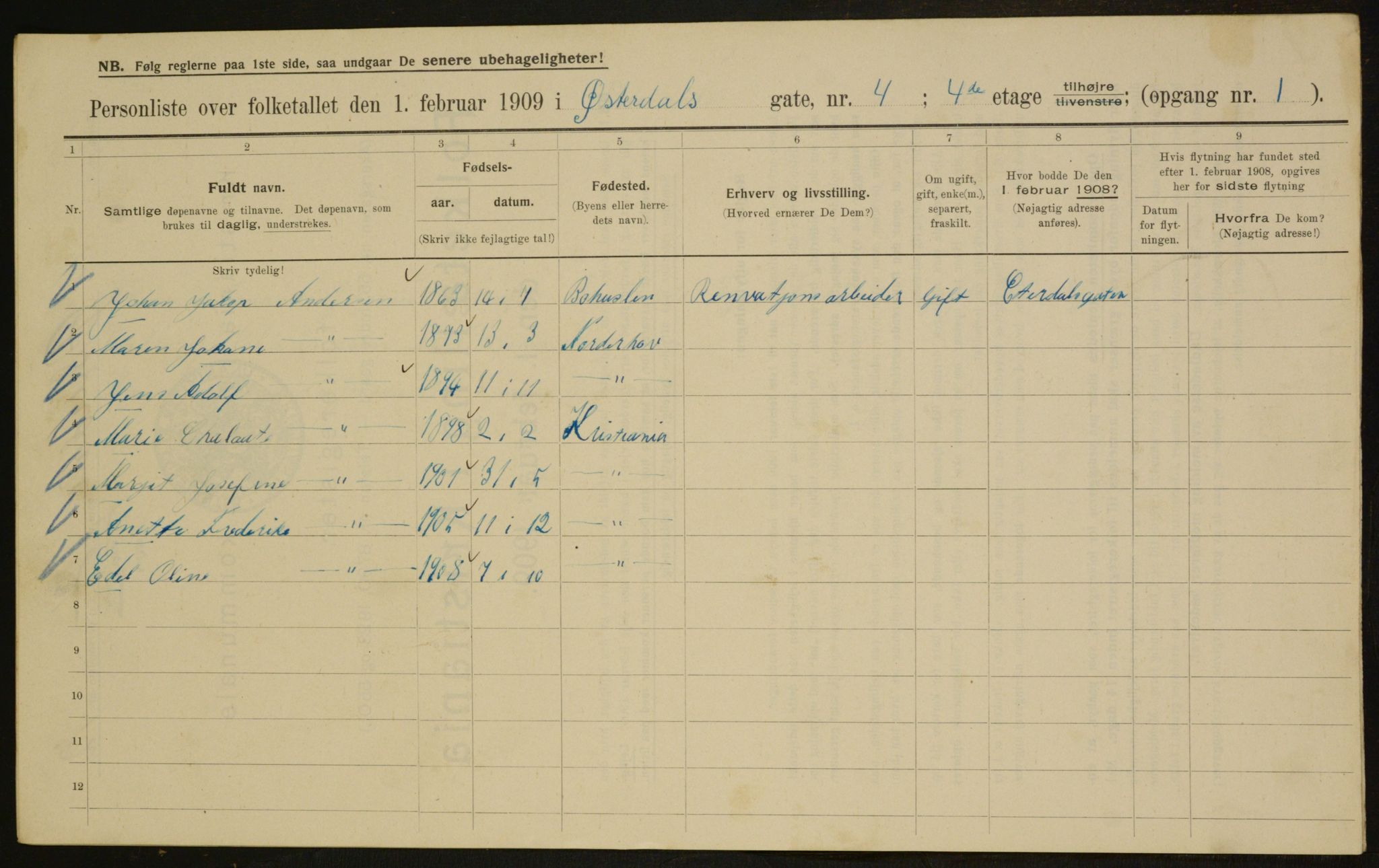 OBA, Kommunal folketelling 1.2.1909 for Kristiania kjøpstad, 1909, s. 117107