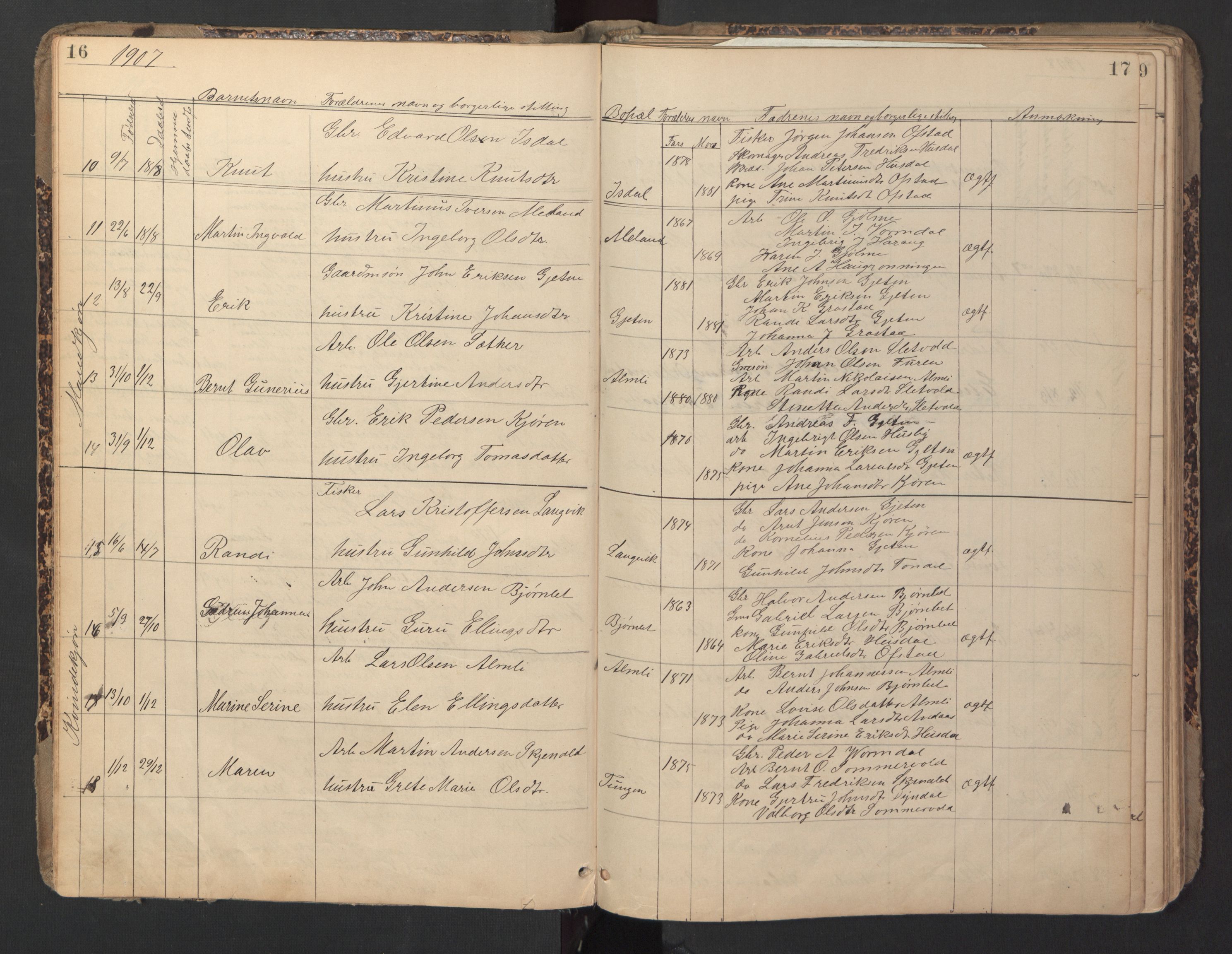 Ministerialprotokoller, klokkerbøker og fødselsregistre - Sør-Trøndelag, AV/SAT-A-1456/670/L0837: Klokkerbok nr. 670C01, 1905-1946, s. 16-17