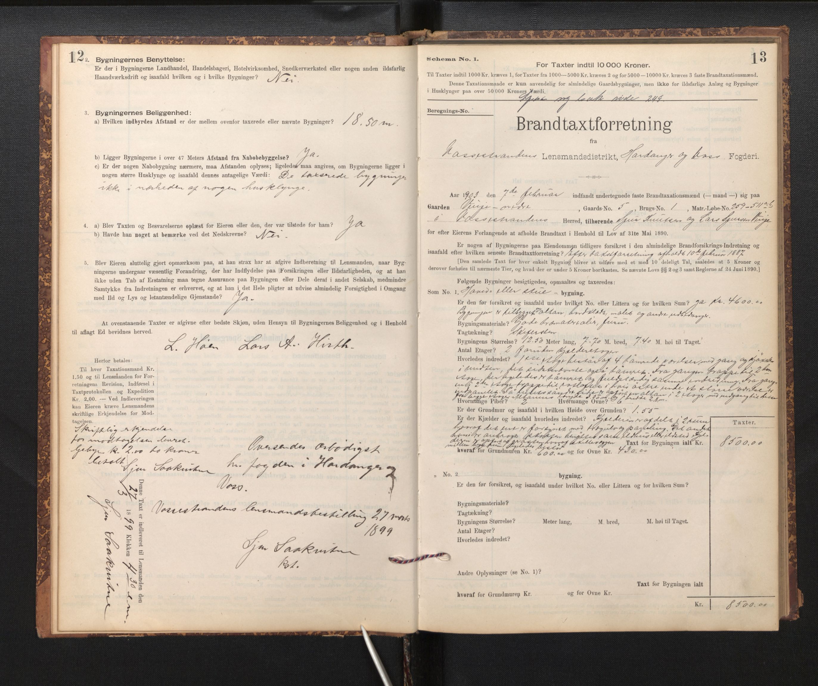 Lensmannen i Vossestrand, SAB/A-35901/0012/L0001b: Branntakstprotokoll, skjematakst, 1895-1928, s. 12-13