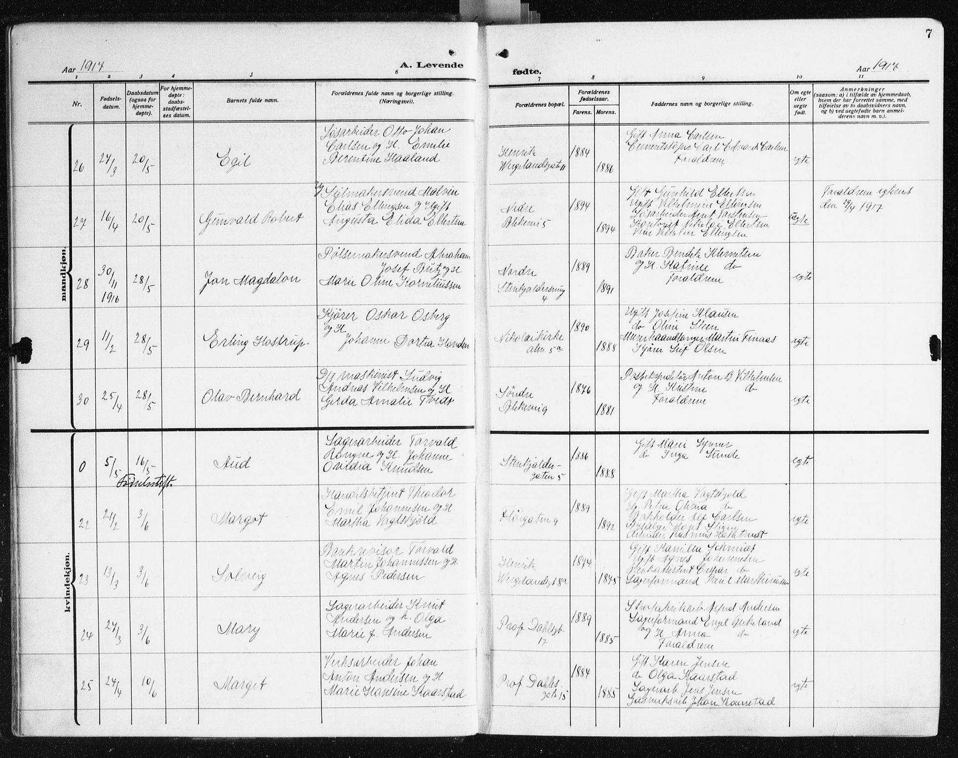 Korskirken sokneprestembete, AV/SAB-A-76101/H/Hab: Klokkerbok nr. B 12, 1917-1942, s. 7