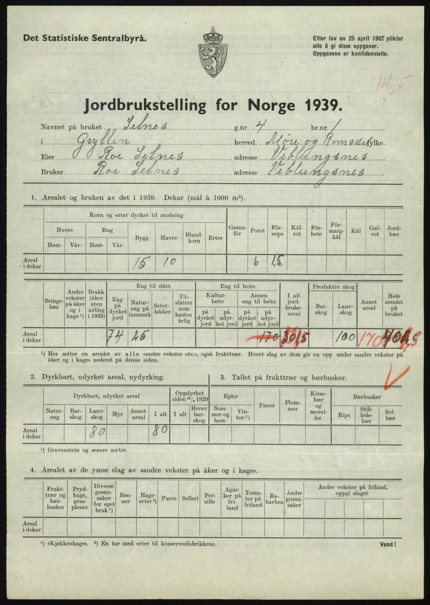 Statistisk sentralbyrå, Næringsøkonomiske emner, Jordbruk, skogbruk, jakt, fiske og fangst, AV/RA-S-2234/G/Gb/L0251: Møre og Romsdal: Voll, Eid, Grytten og Hen, 1939, s. 871