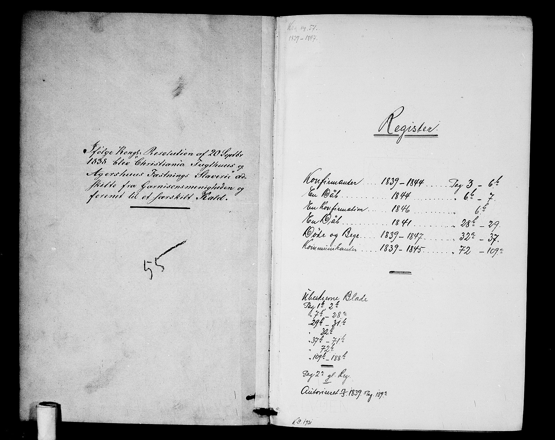 Akershus festnings slaveri Kirkebøker, AV/SAO-A-10841/F/Fa/L0001: Ministerialbok nr. 1, 1839-1847