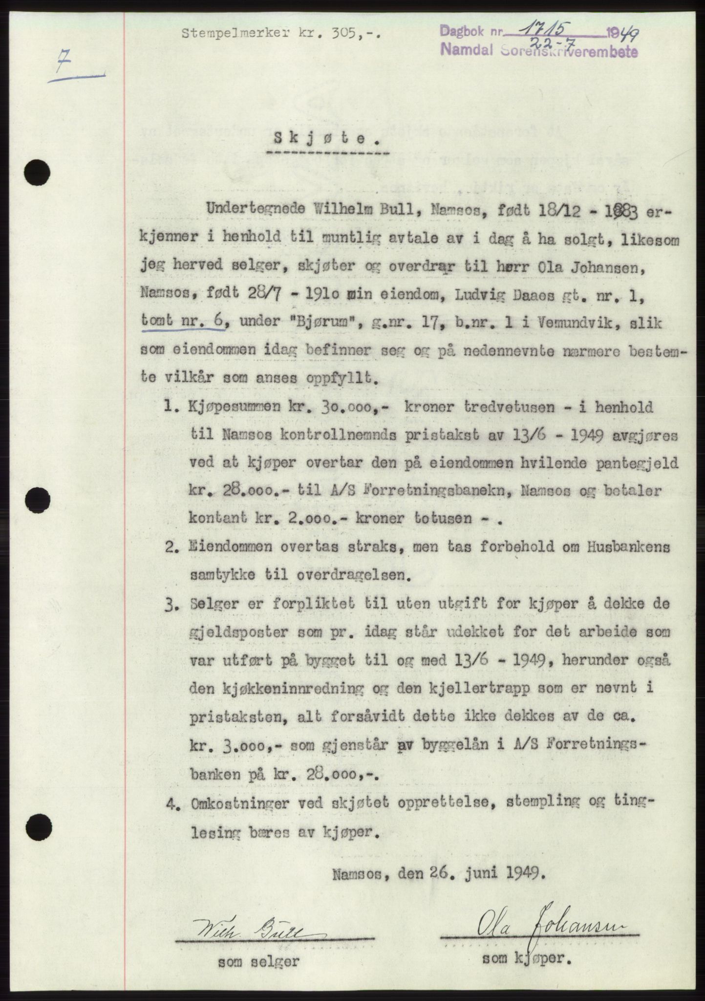 Namdal sorenskriveri, SAT/A-4133/1/2/2C: Pantebok nr. -, 1949-1949, Dagboknr: 1715/1949