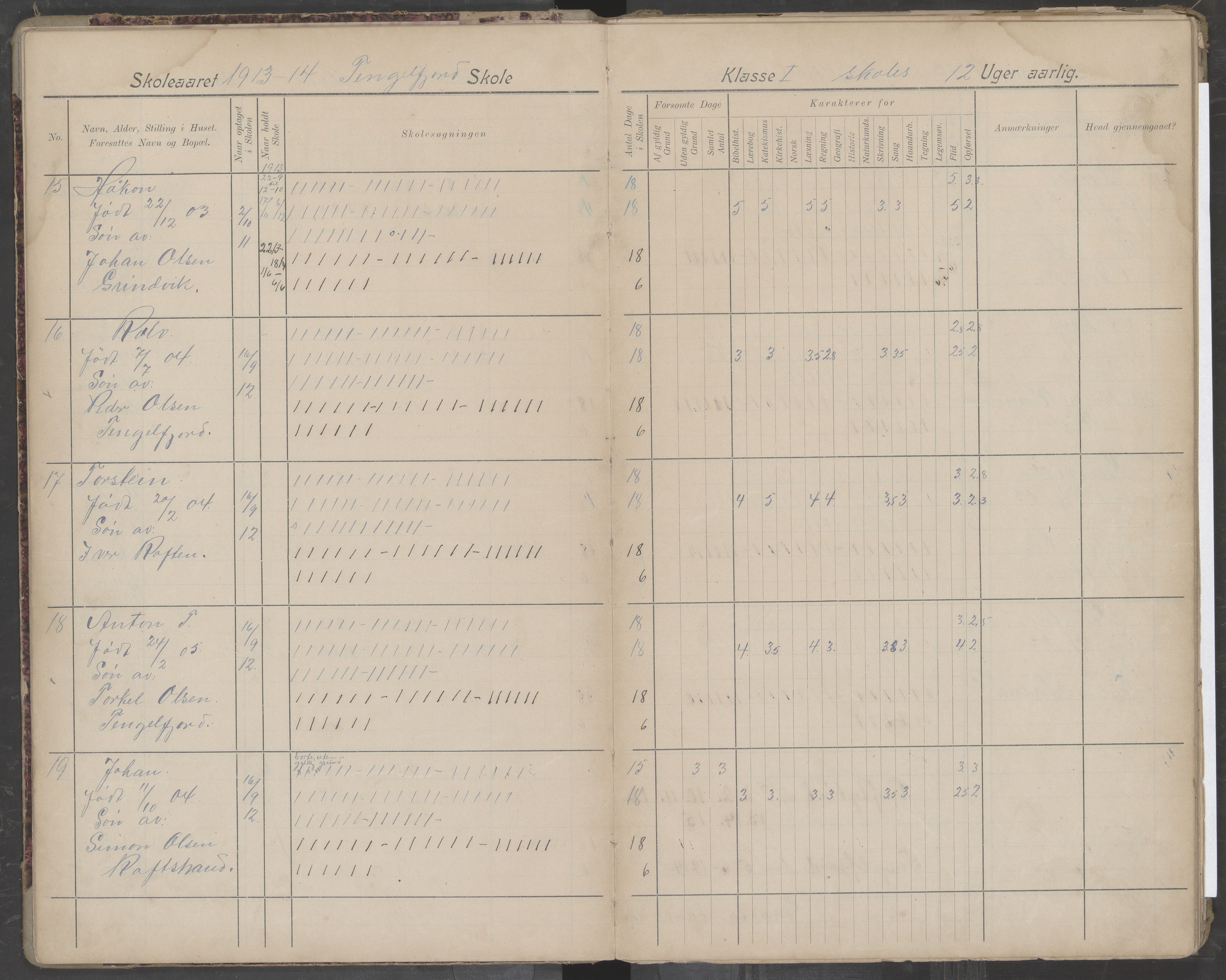 Hadsel kommune. Tengelfjord skolekrets, AIN/K-18660.510.04/G/L0002: Skoleprotokoll for Tengelfjord skole, 1913-1920