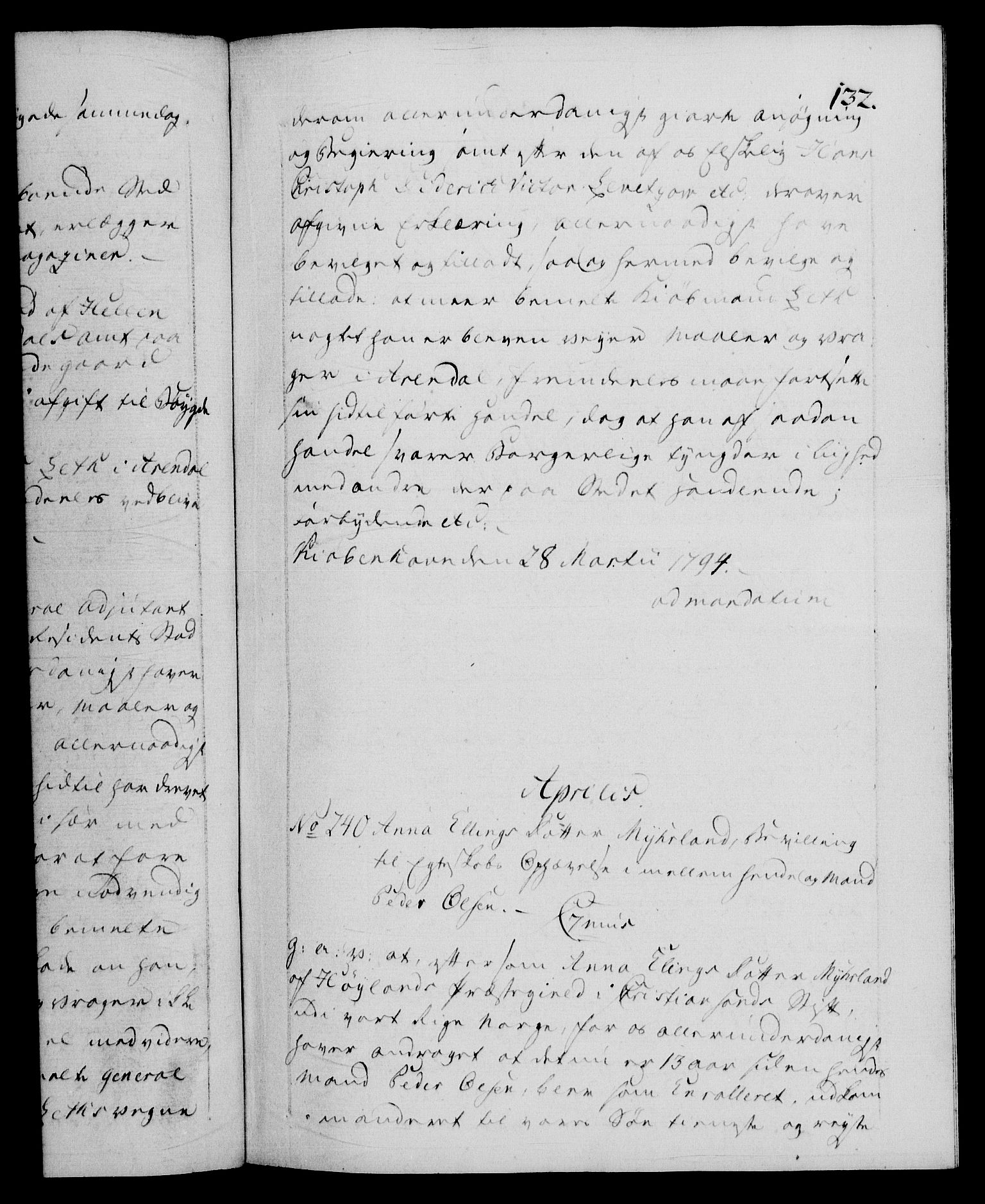 Danske Kanselli 1572-1799, RA/EA-3023/F/Fc/Fca/Fcaa/L0055: Norske registre, 1794, s. 132a