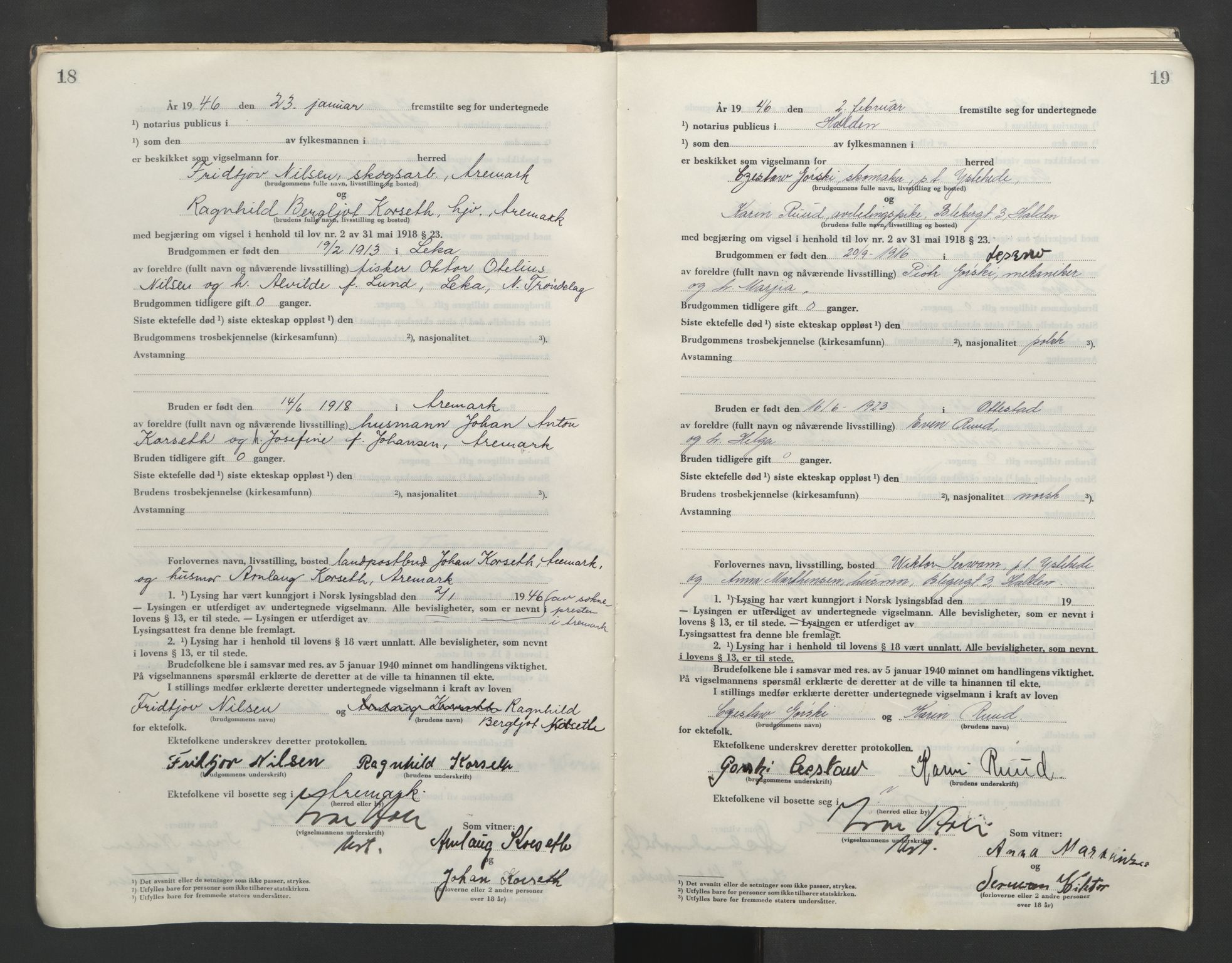 Idd og Marker sorenskriveri, AV/SAO-A-10283/L/Lc/L0001/0004: Vigselsbøker / Vigselsbok, 1945-1949, s. 18-19