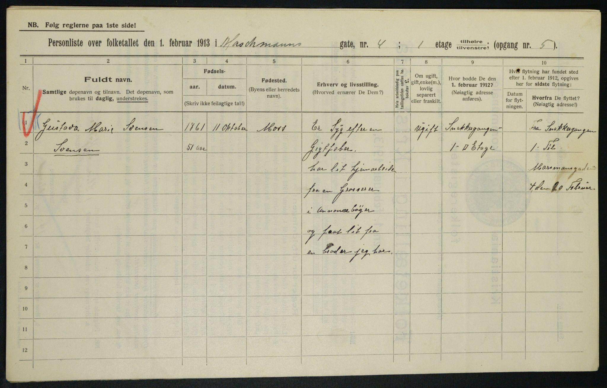 OBA, Kommunal folketelling 1.2.1913 for Kristiania, 1913, s. 64595