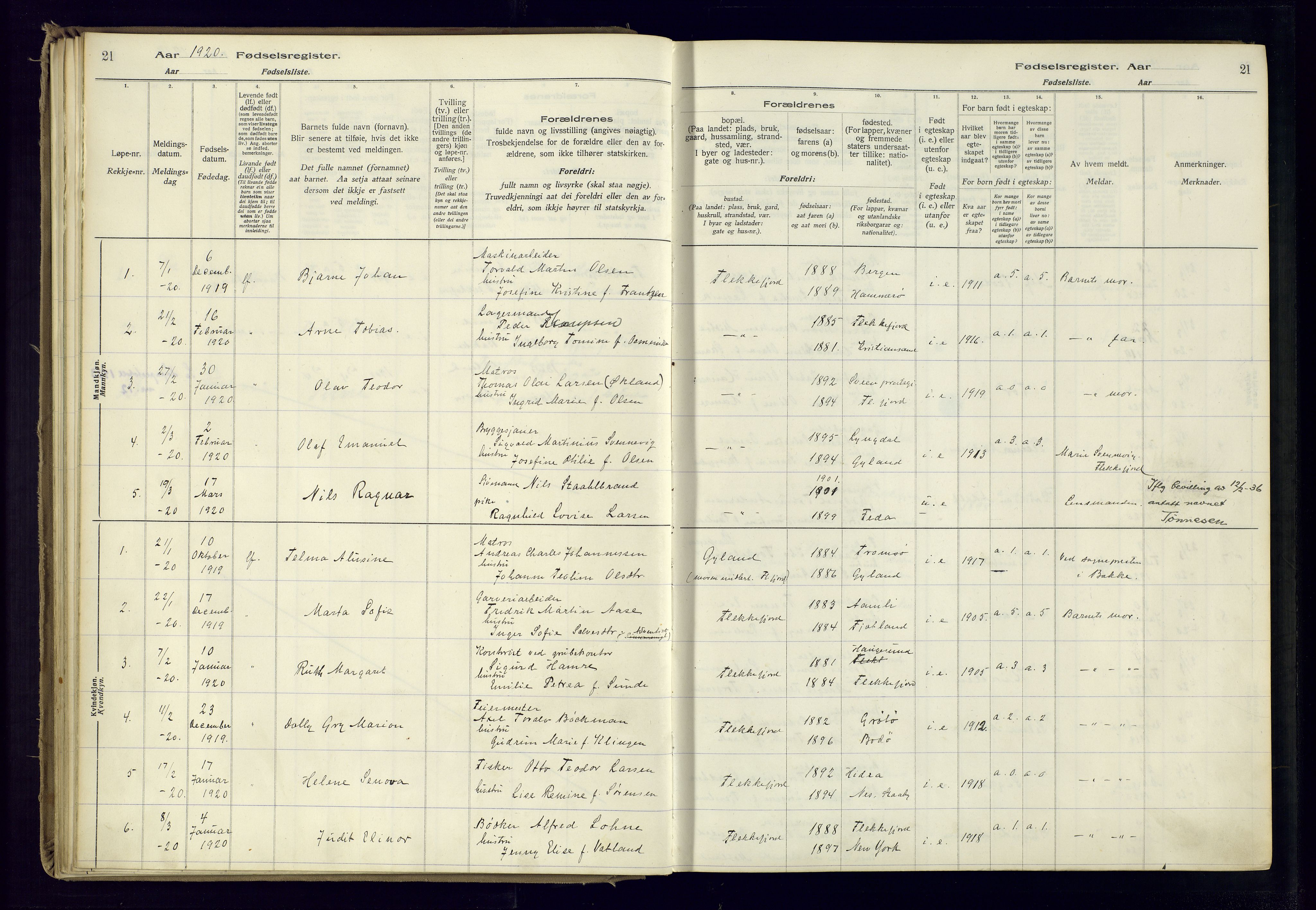 Flekkefjord sokneprestkontor, AV/SAK-1111-0012/J/Ja/L0001: Fødselsregister nr. 1, 1916-1948, s. 21