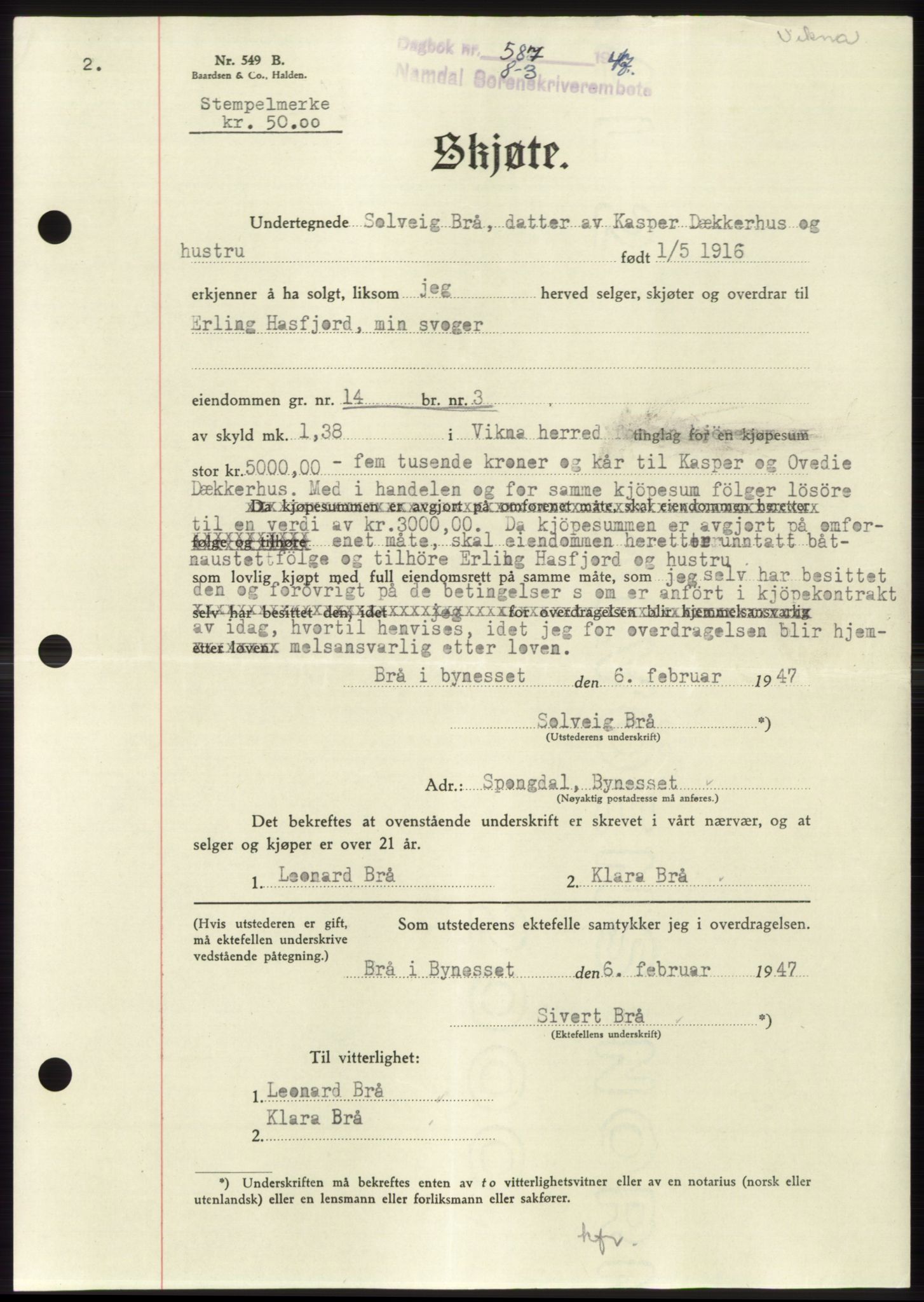 Namdal sorenskriveri, SAT/A-4133/1/2/2C: Pantebok nr. -, 1946-1947, Dagboknr: 587/1947