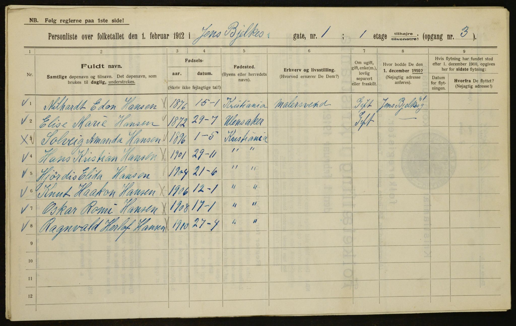 OBA, Kommunal folketelling 1.2.1912 for Kristiania, 1912, s. 45785