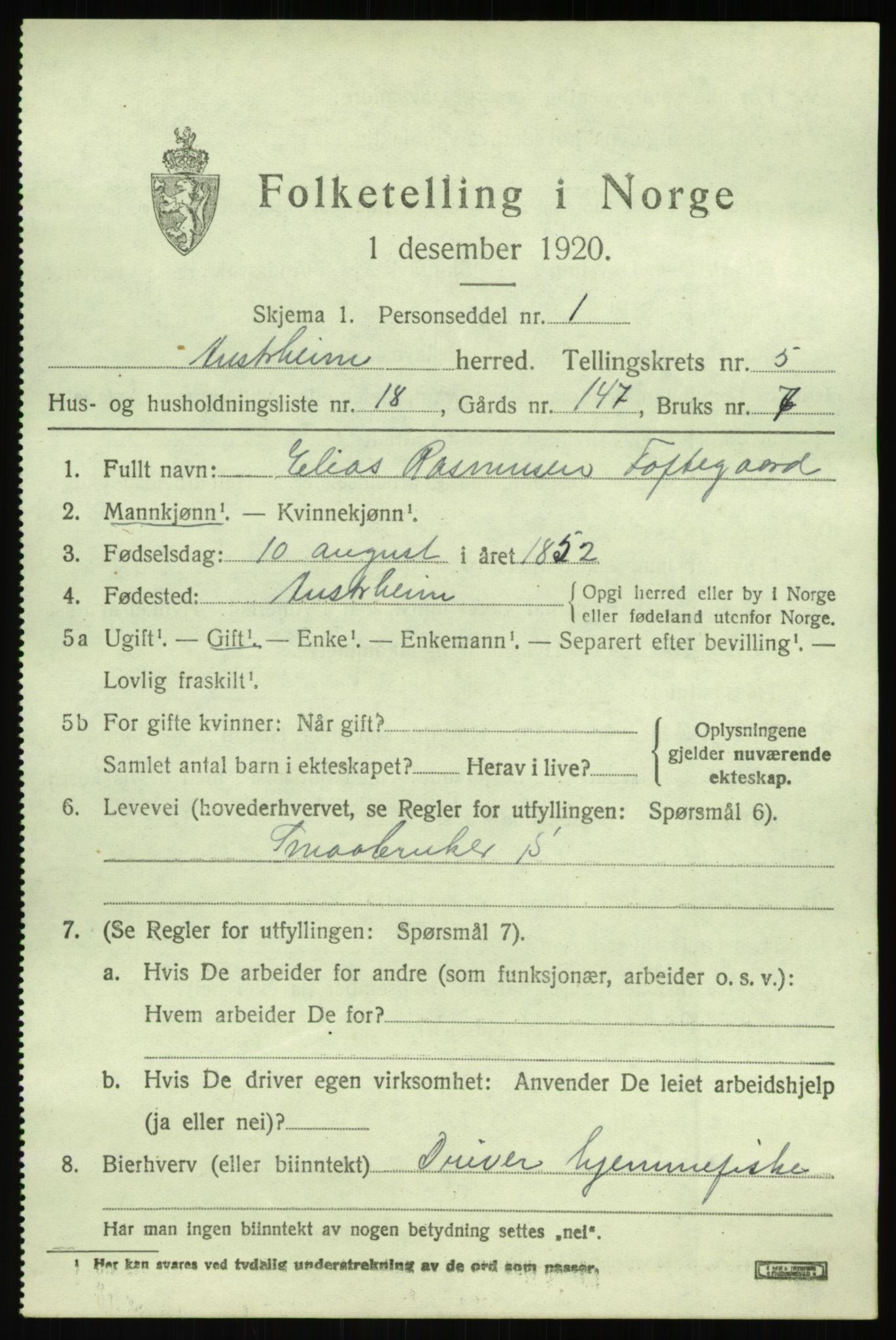 SAB, Folketelling 1920 for 1264 Austrheim herred, 1920, s. 2274